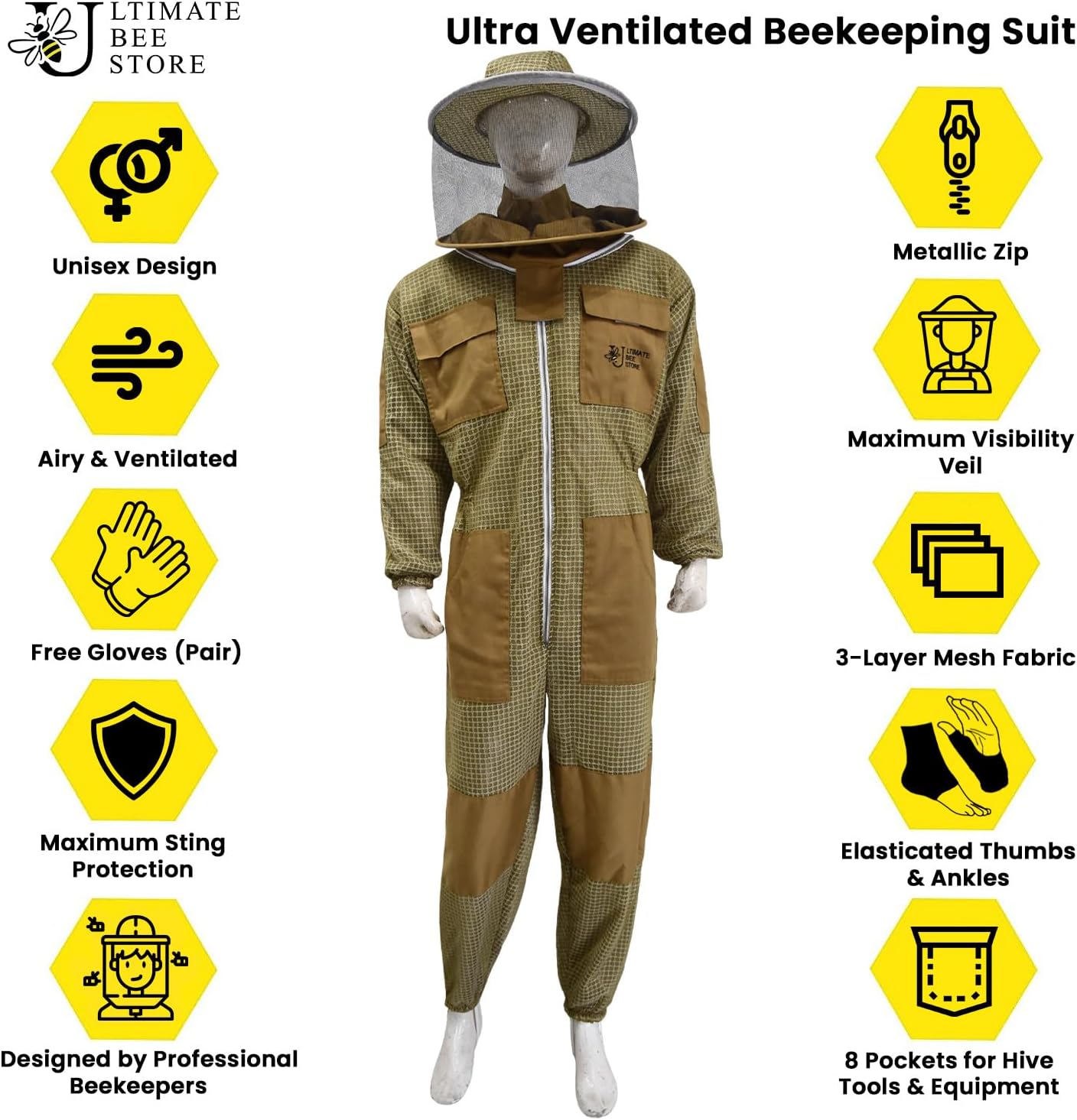 Highly Ventilated Beekeeping Suit Beekeepers 3 Layer Premium bee Suit for Men & Women with Pair of Gloves