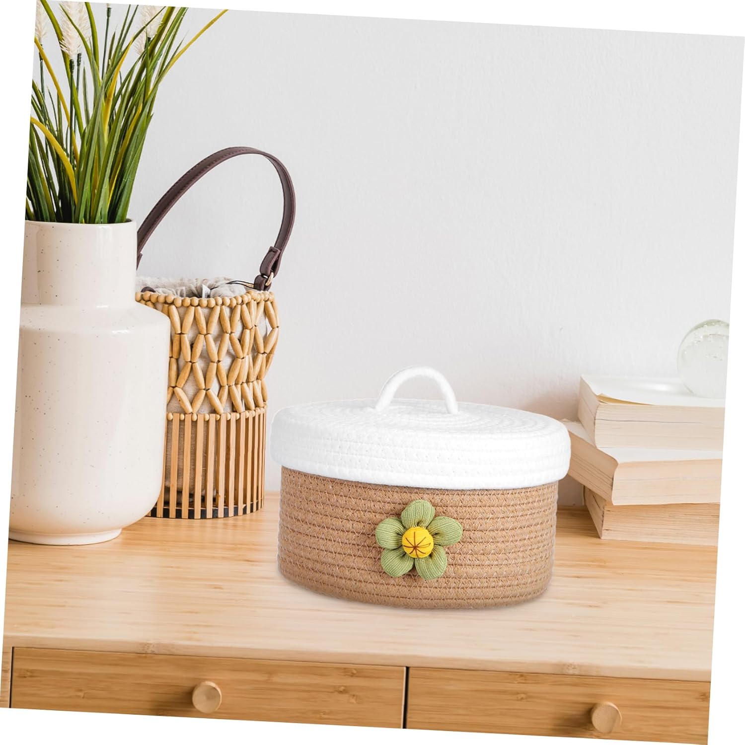 VICASKY Lidded Woven Storage Basket Cotton Rope Multipurpose Container for Clothes Sundries with Construction and Non Slip Base for Bedroom Bathroom and Laundry Organization