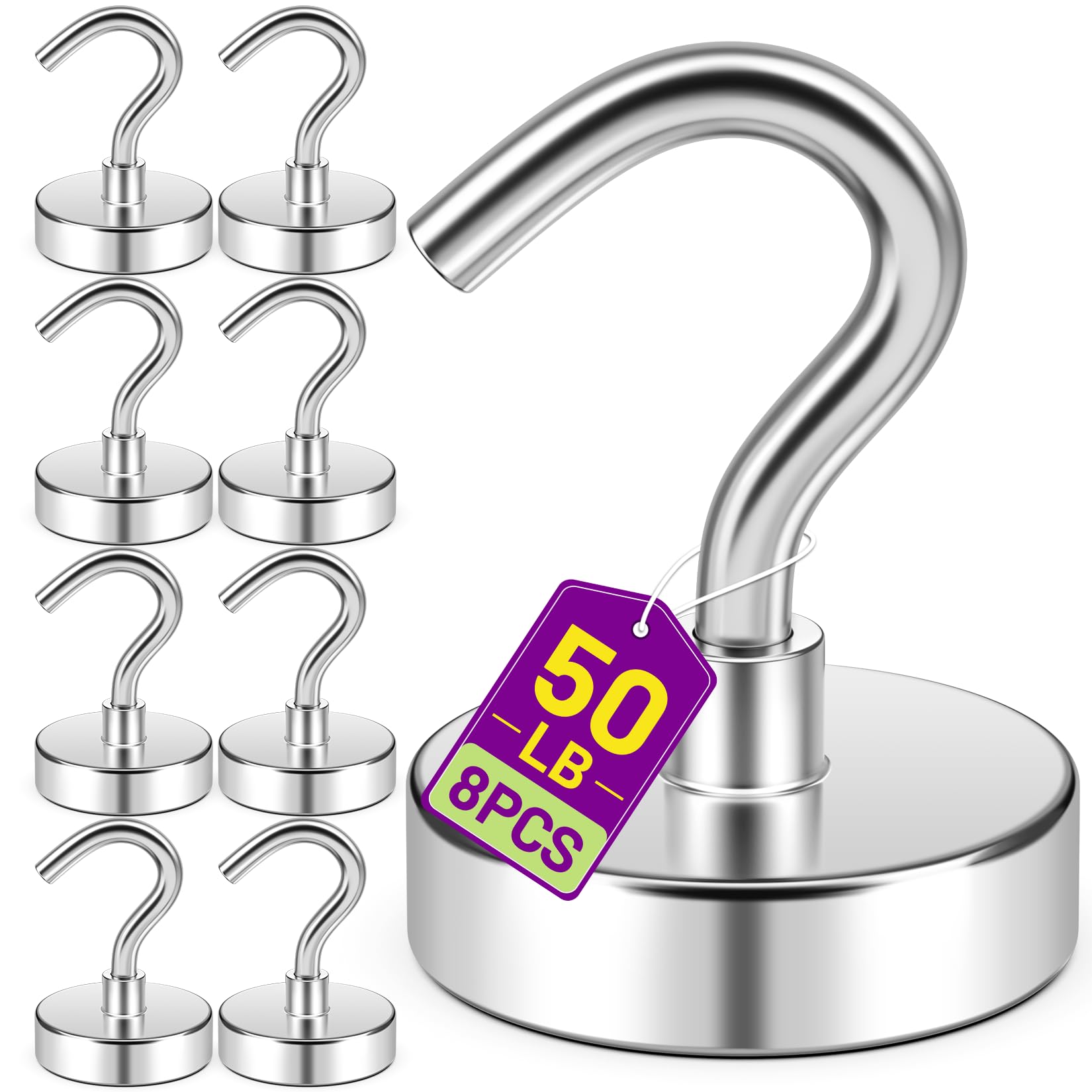 Niuknow 8 Pack Magnetic Hooks for Hanging, Magnetic Hook, Silver, 50 LB