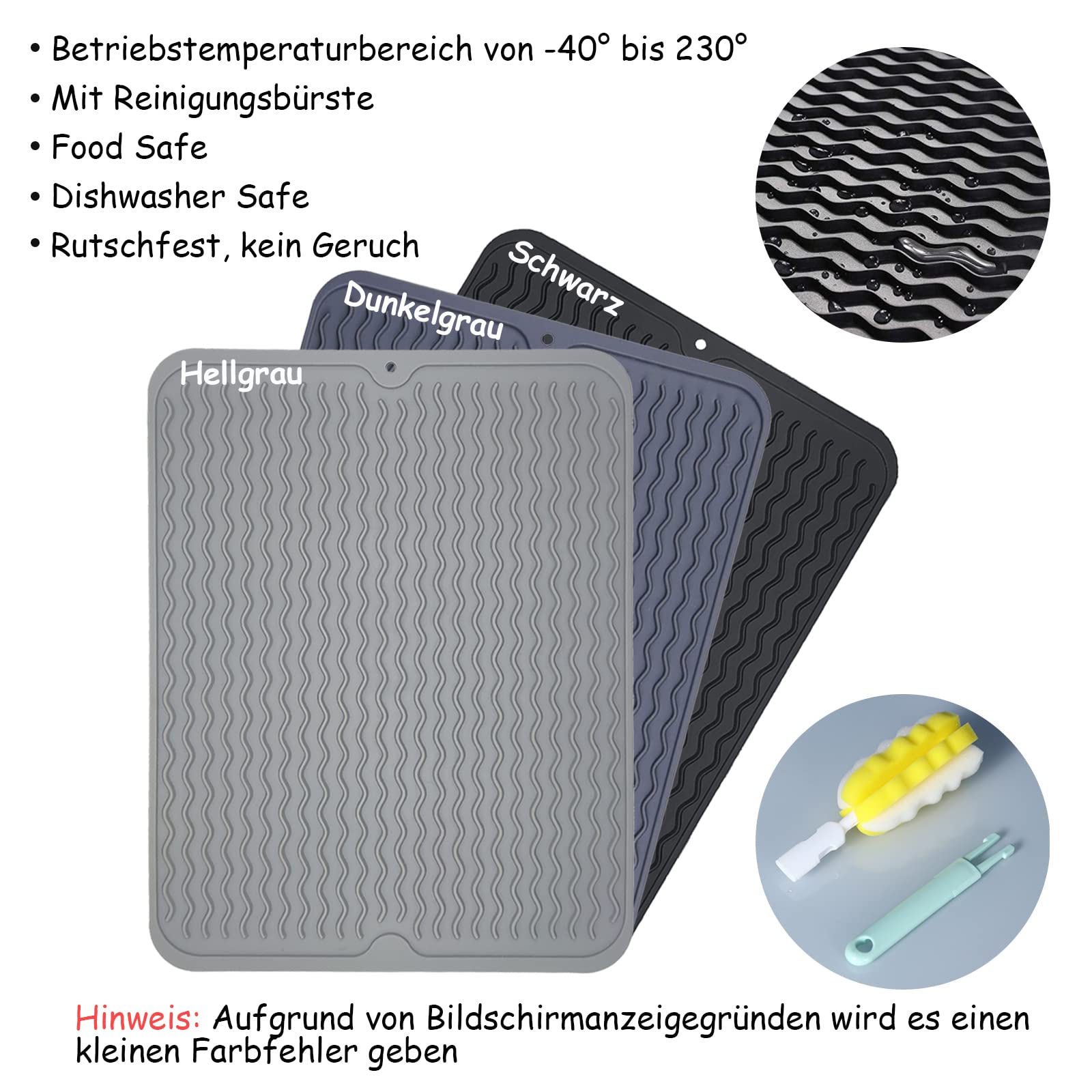 Siliconen afdruipmatten, servies, afdruipmat, gootsteen, groot en klein, hittebestendig, antislip, keukenspoelmat, afdruipbak voor gootsteen, 40 x 30 cm, 25 x 13 cm, zwart, 2 stuks