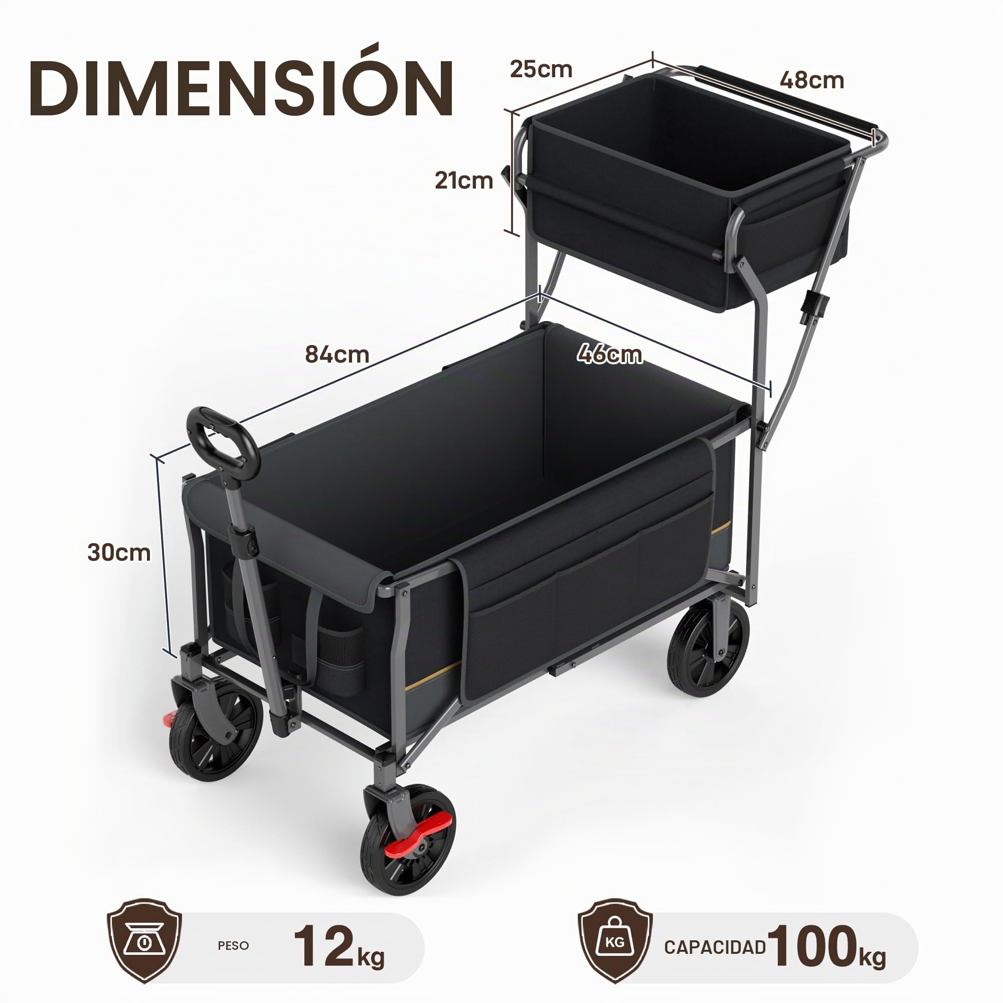 EVER ADVANCED Carro de Transporte Plegable Empujar&Tirar con Freno, Cesta de Compra, portavasos, Bolsillo Lateral, Carrito Plegable, Carro Playa hasta 100kg para Camping, Playa, Compras