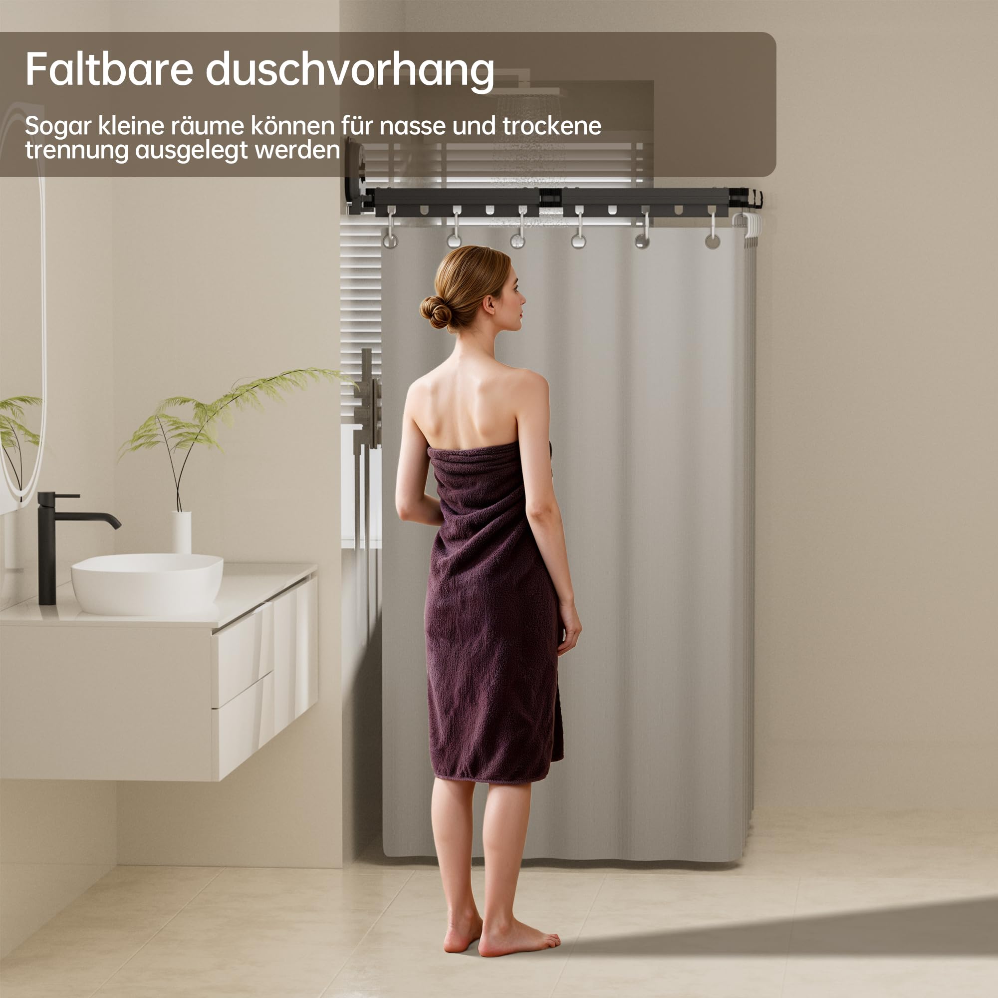 Tenda Da Doccia Pieghevole Senza Foratura con Asta Per Tenda Da Doccia, Ventosa Adesiva Potente Per Bagno con Funzione Angolare Regolabile (Forma L/U), Tenda da Doccia Impermeabile a 5 Pieghe Grigia
