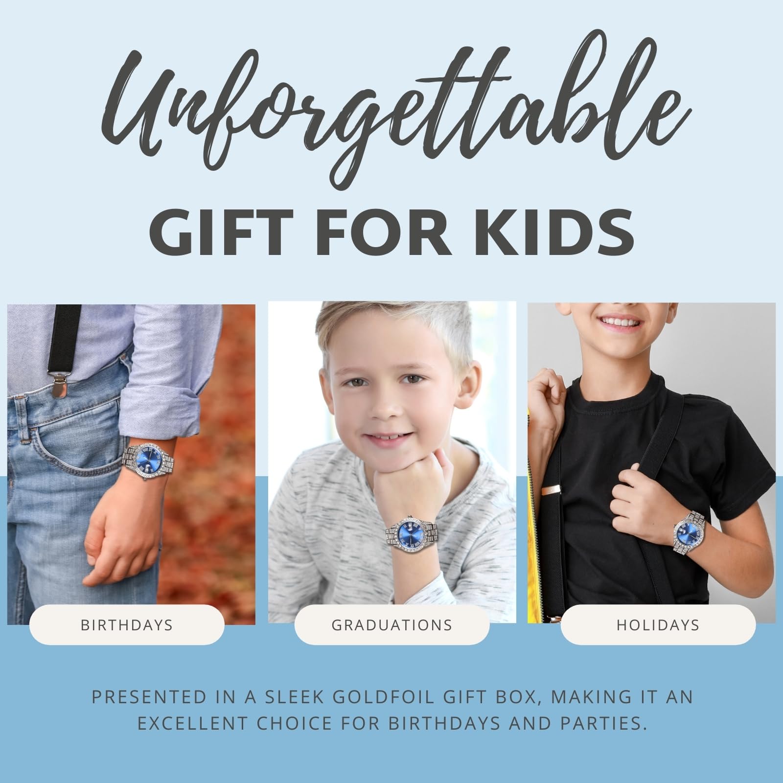 Halukakah Diamonds - Reloj Iced Out para niños y adolescentes, chapado en oro real de 18 quilates, esfera azul/verde/roja, 8 pulgadas de longitud, opcional con cadena de eslabones cubanos, con