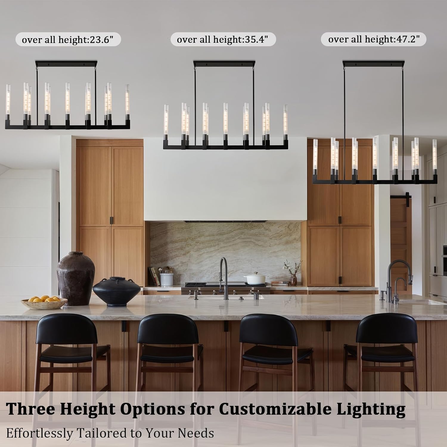 Black Farmhouse Dining Room Chandelier: 54" Modern Linear Rectangle Dining Room Light Fixture - Long Glass Metal Pendant Chandeliers for Kitchen Island - Large Lighting over Kitchen Table Living Rooms