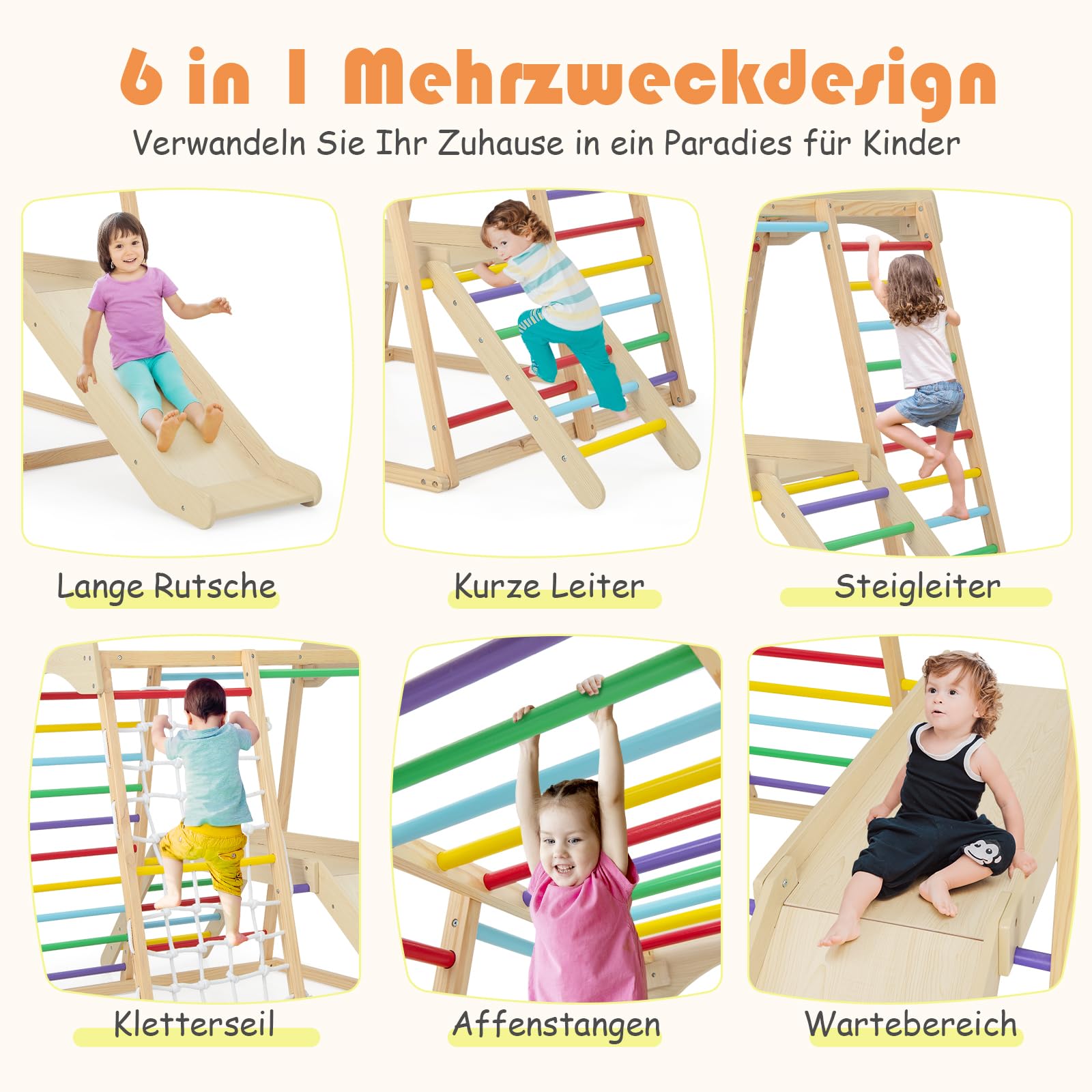 GOPLUS Kinder Klettergerüst, Kletterspielzeug Set mit Kletterleiter & Rutsche & Kletternetz & Querstange, vielseitiger Spielturm, Kletterturm Indoor aus Holz für Kinder ab 1 Jahr (Bunt)