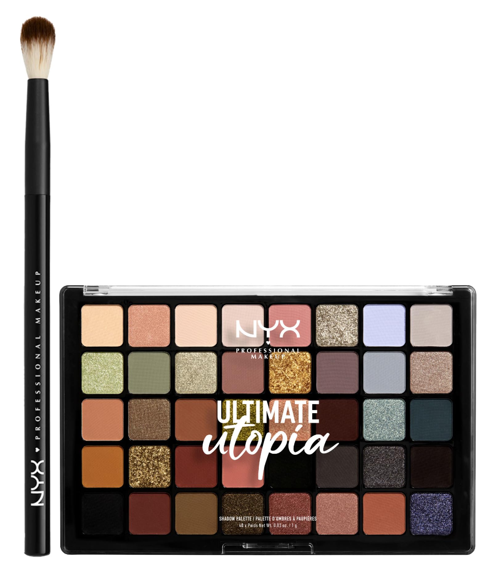 NYX Professional Makeup Palette Ombretti 40 Colori Altamente Pigmentati Ultimate Utopia Effetto Opaco Satinato Metallico + Pennello Occhi per Sfumature Pro Brush Blending - Set da 2