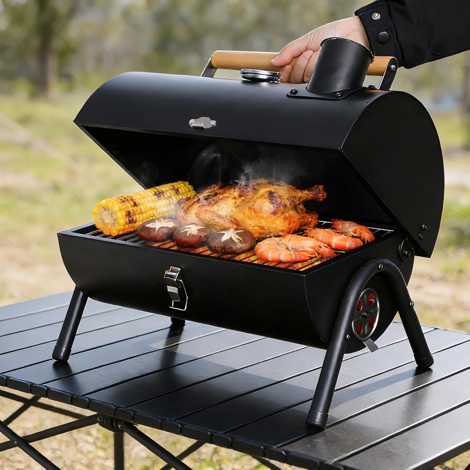 Lineslife Portable Charcoal Grills with Thermometer, Heavy Duty Small BBQ Grill, Easy to Carry Compact Outdoor Camping Grill with Lid for Backyard Party Picnic Travel Hiking Beach Cooking