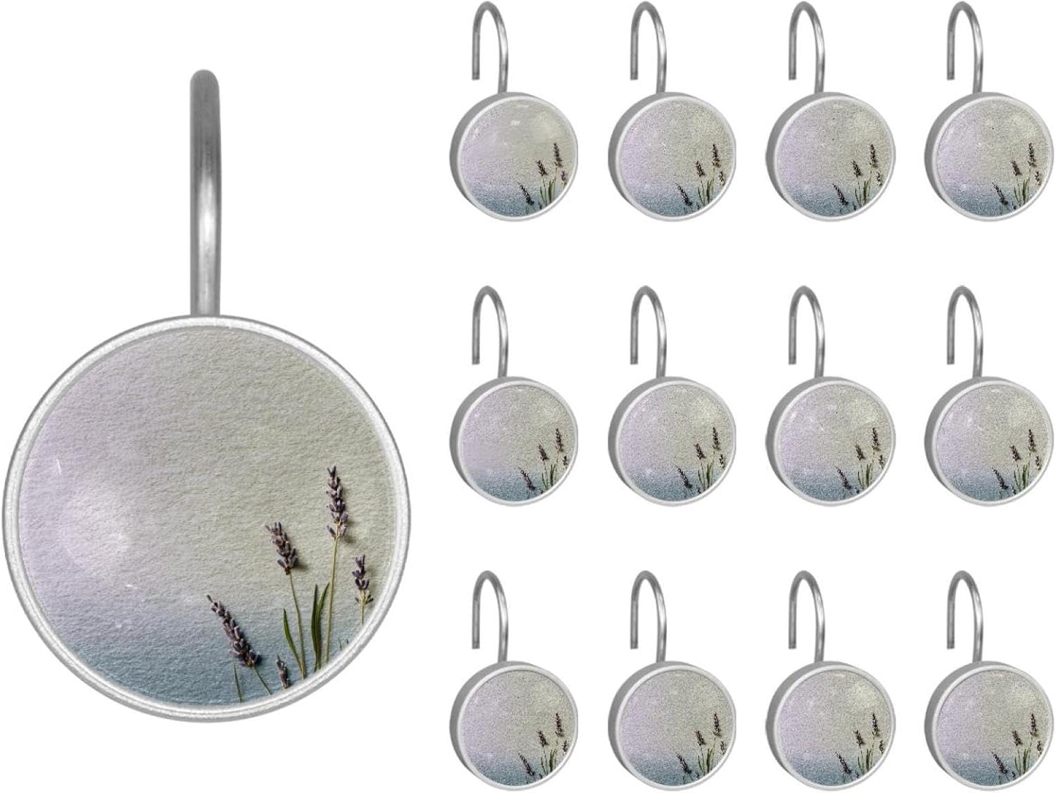 Muted Lavender and sage Green Round Crystal Glass Decorative Shower Curtain Hooks with 3D Pattern Visual, Rust Proof Shower Curtain Rings-12 Pack