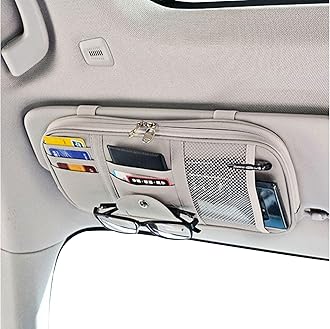 Da by Car Sun Visor Organizer, Multi-Pocket Visor Organizer Storage Pouch for Cars, SUVs & Trucks with Double Zippers, Elastic Bands & Glasses Clip - Organizes Essentials Keep Tidy (Cream Grey)