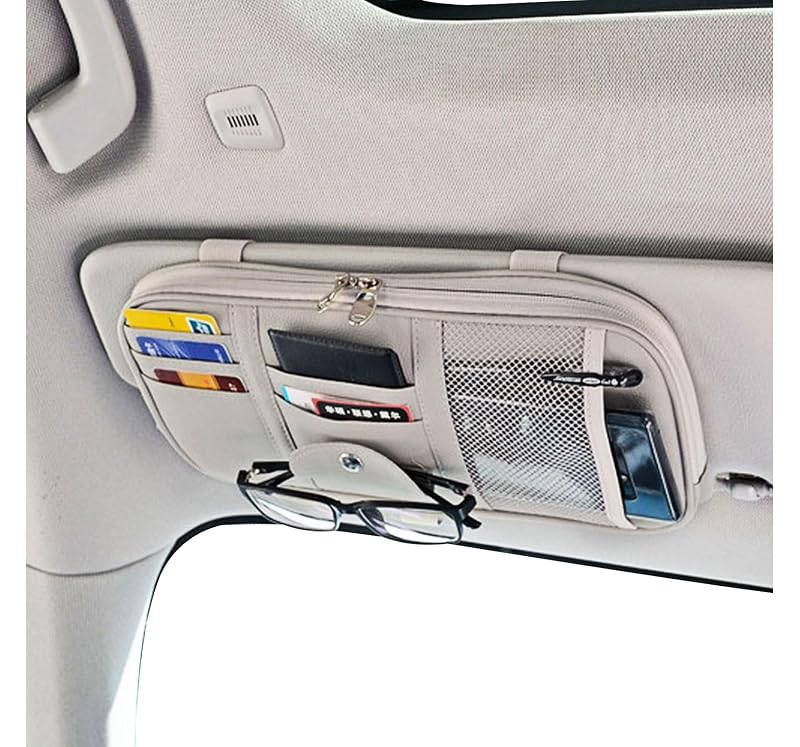 Organizador para Para-Sol Automotivo Da by com Bolsos, Zíperes Duplos, Elásticos e Presilha para Óculos — Creme e Cinza