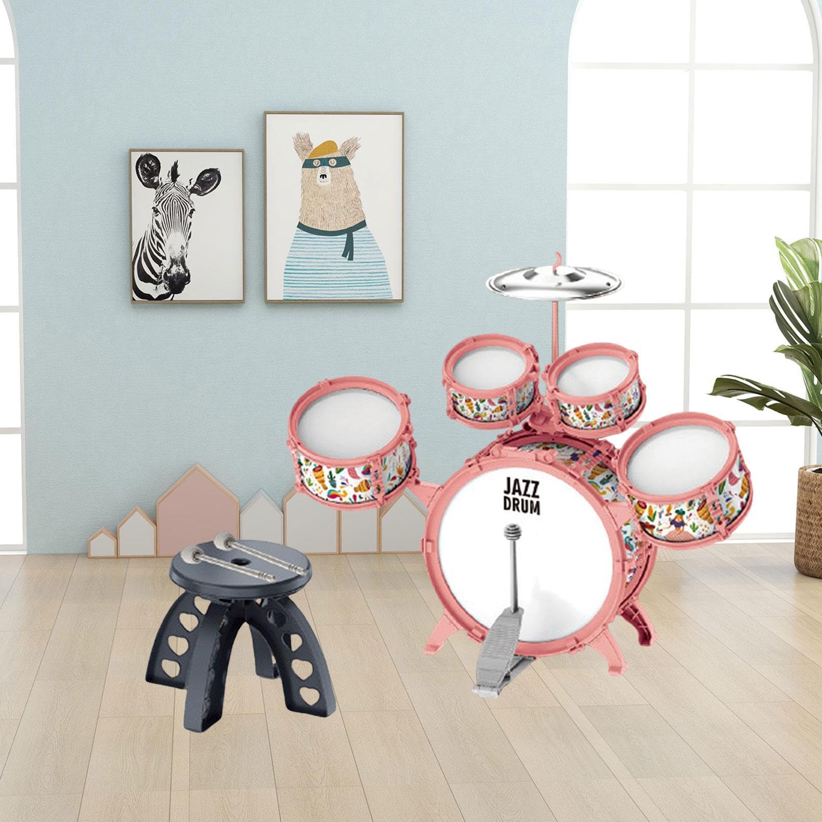 Batería Infantil Kit de Tambor para Niños Instrumento Musical Percusión Educativo PVC con Silla Estimula Adecuado para Fiestas Reuniones de, Rosa