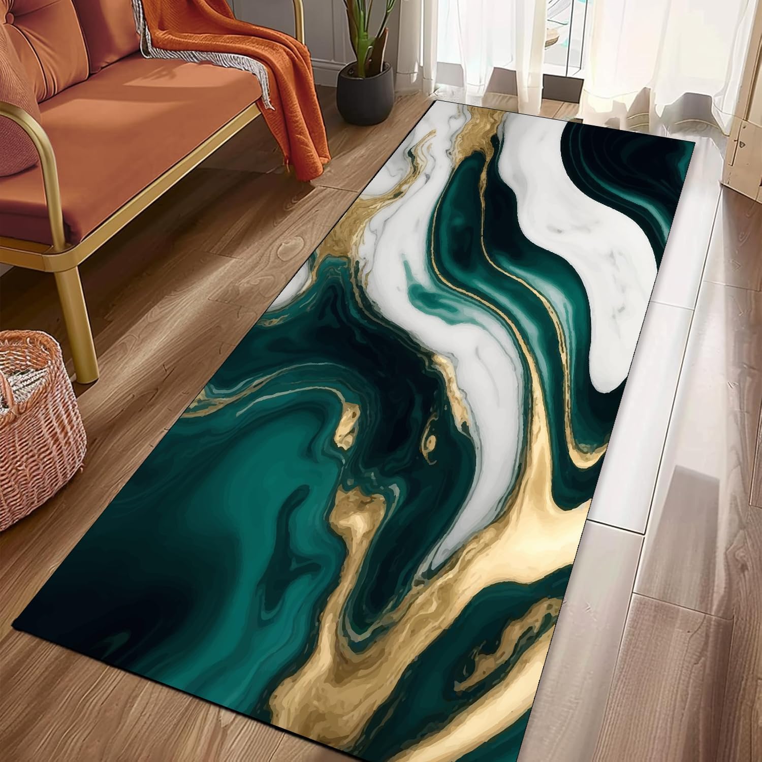 Luxury Gold Marble Runner Rugs, 1.3x7ft,Gold Gray Marble Art Bedroom Runner Rug, with Non-Slip Backing Indoor Aesthetic Rug，for Living Room Bathroom Home Decor Entryway Hallway Kitchen Mat