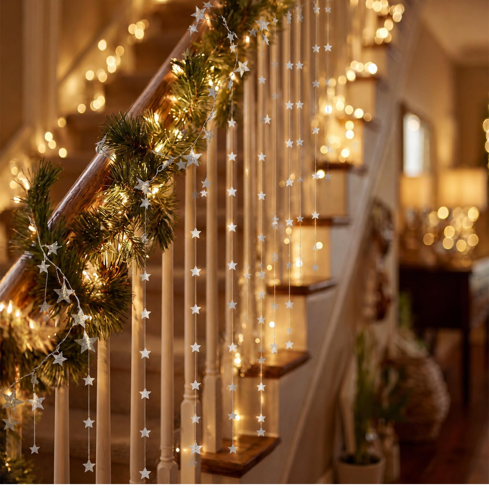 Dingion Weihnachtsgirlande mit Lichtern, Weihnachtstreppen-Dekor-Set, 4 m, Glitzerstern-Banner, batteriebetrieben, LED-beleuchtete Girlande für Weihnachten, Heimdekoration, Innentreppen, Geländer