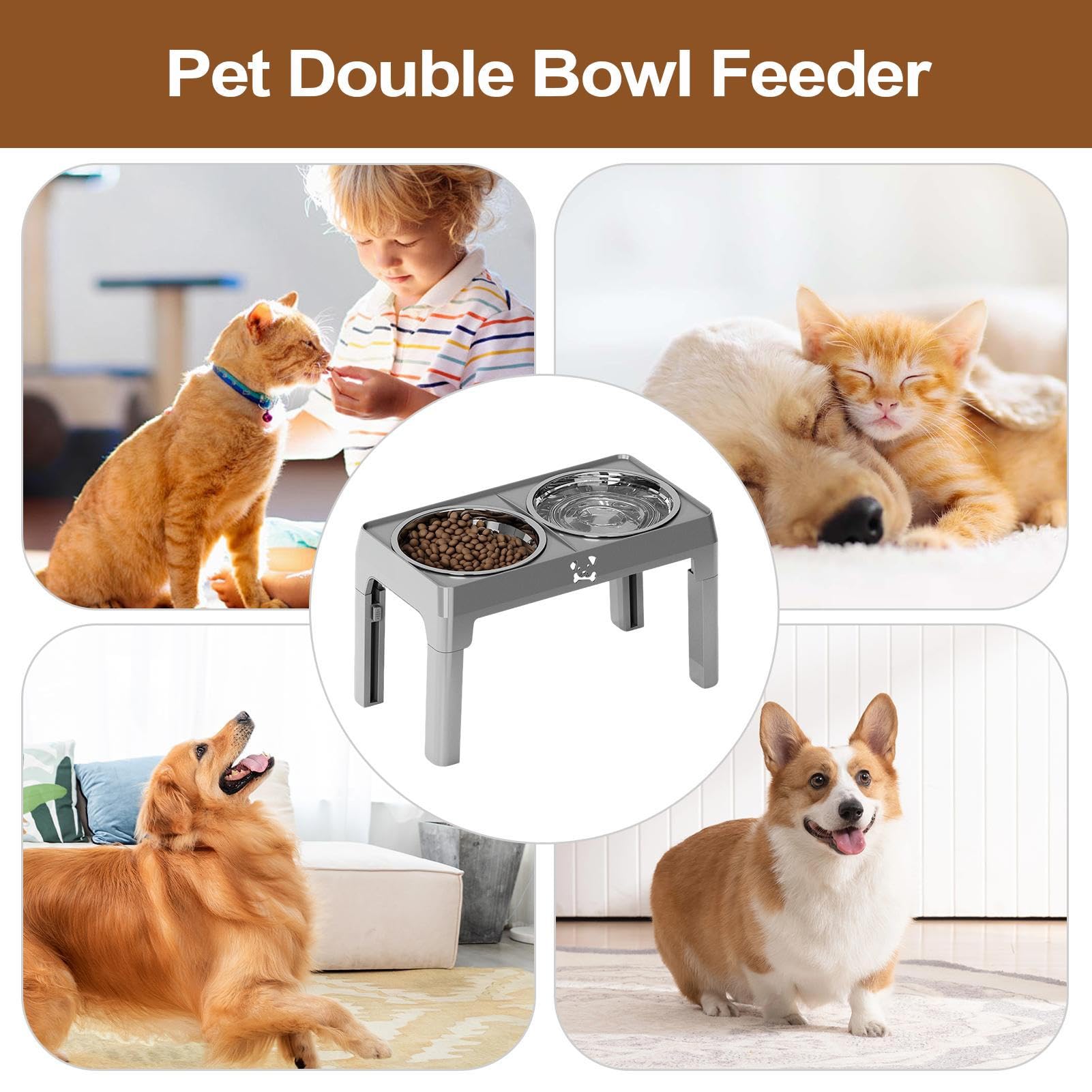 Comederos Elevados De Comida Para Perros 5 Alturas Ajustables Desmontables | Cuencos De Acero Inoxidable Para Perros Con Soporte Interior, Protege Cuello Y Columna En Todas Las Razas