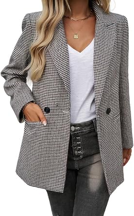 Womens Casual Blazer Open Front Long Sleeve Lapel Houndstooth Jacket Plaid Blazers Bussiness Work Office Suits