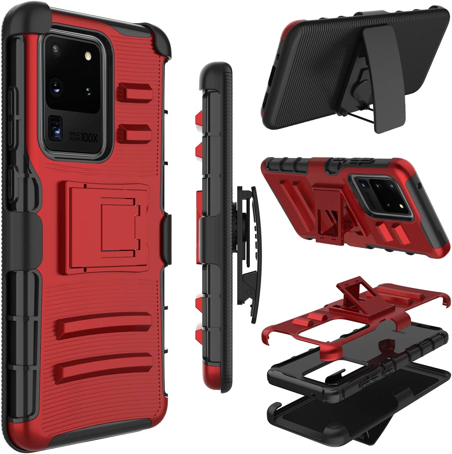 Samsung Galaxy S20 Ultra Case, Yunerz Holster Heavy Duty Shockproof Full-Body Protective Hybrid Case Cover with Swivel Belt Clip and Kickstand for Samsung S20 Ultra 6.9in (red)
