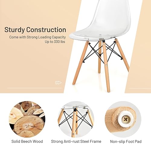 Miniatura 6 de Giantex Juego de 4 sillas de comedor, sillas de comedor de acrílico transparente con patas de madera de haya, carga máxima de 330 libras, sillas de