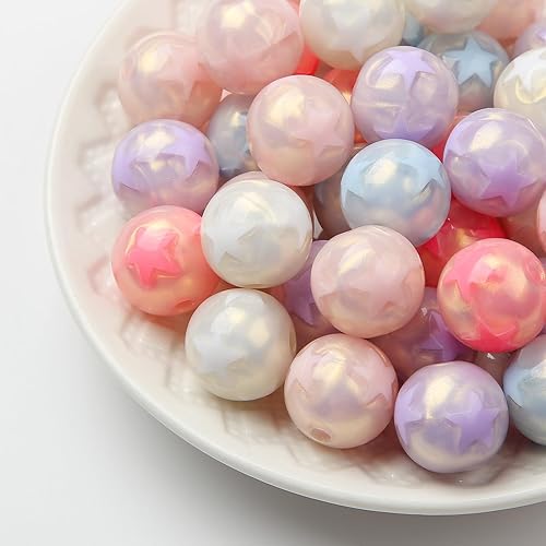 Miniatura 4 de Cuentas acrílicas chapadas de 0.631 pulgadas, cuentas coloridas y brillantes con patrón de estrellas para bricolaje, cadena de teléfono, llavero,