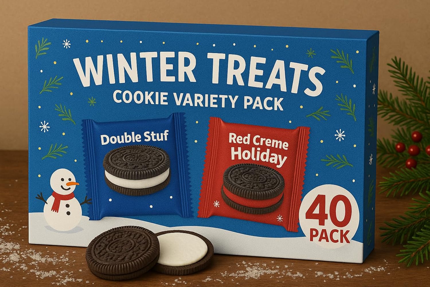 Winter Treats Cookie Variety Pack – 40 Count – Holiday Chocolate Sandwich Cookies with Red & White Creme – Festive Christmas Cookie Box for Kids, Parties, and Gifts
