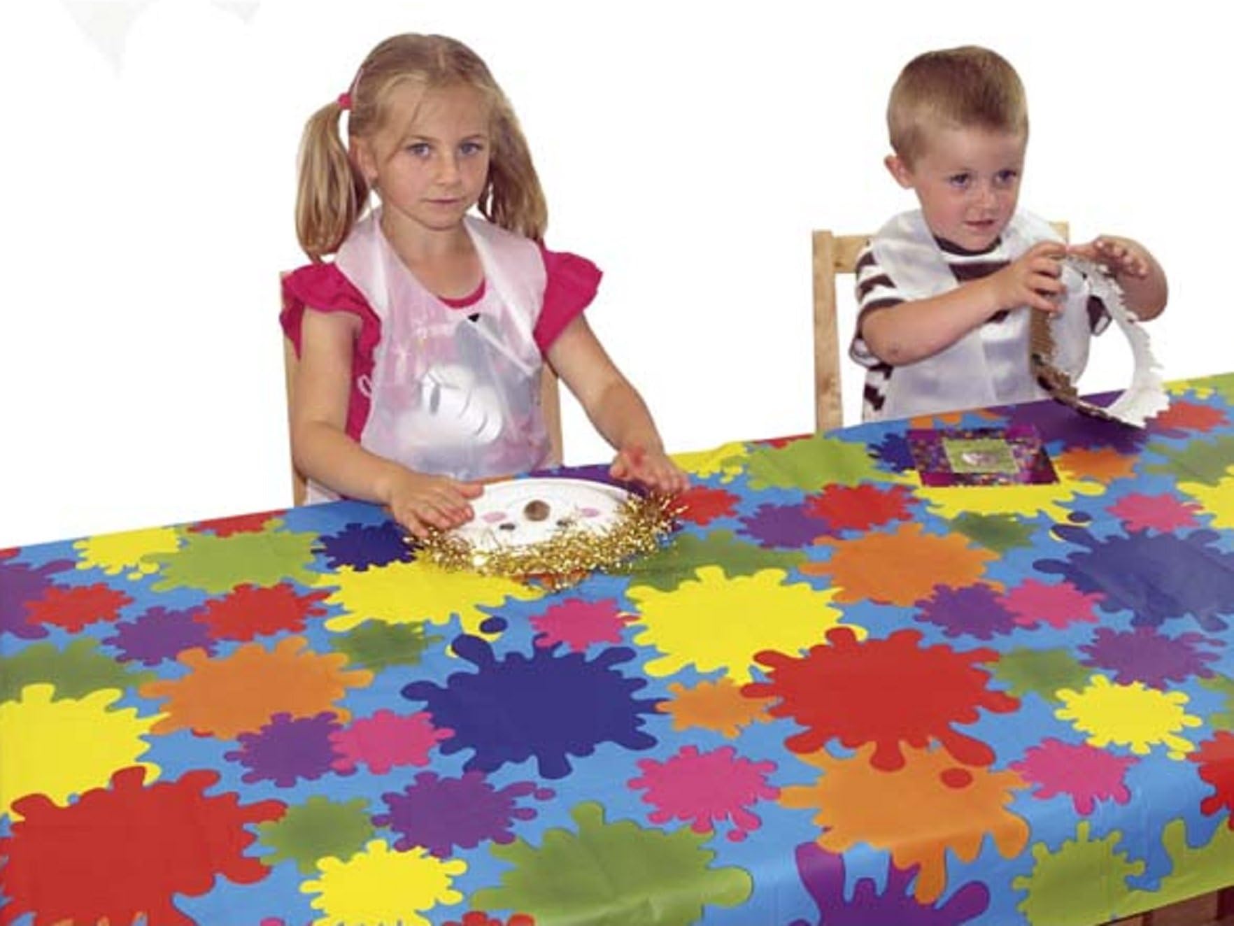 Disposable Splash Table mats classpack 1000 x 1500mm 4 pk. Includes one each of letters, numbers, shapes and colours splats.