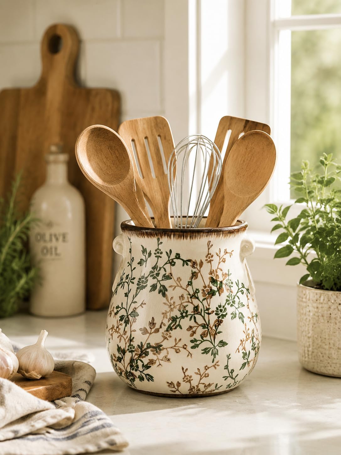 Vintage Ceramic Utensil Holder Floral Crock 6.6 Inch