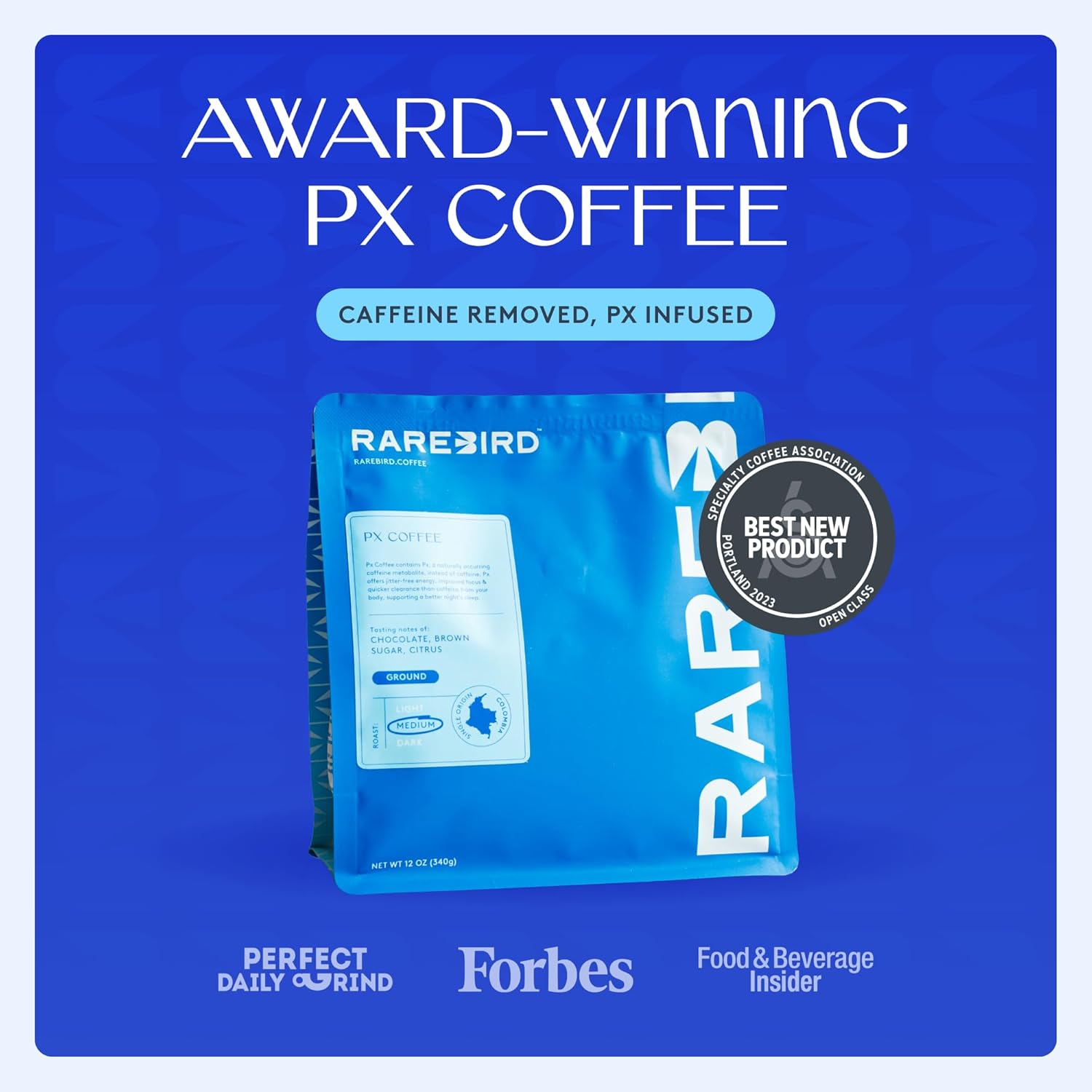 Rarebird Px Coffee – Award Winning Specialty Coffee with Paraxanthine | Caffeine Alternative for Clean Energy, Focus, Sleep, & Metabolism Support | Low Acid | 100% Single-Origin Arabica Decaf | Medium Roast, Ground, 12oz