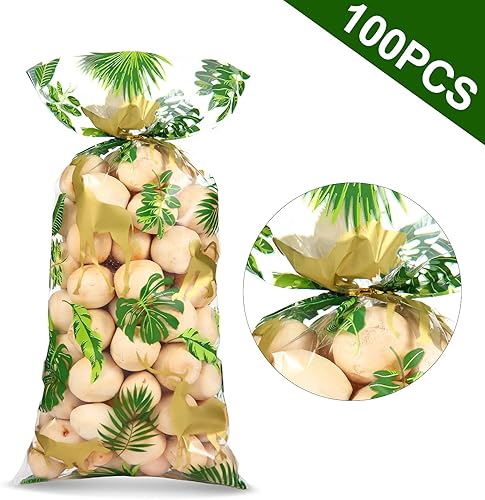 Miniatura 3 de 100 bolsas de golosinas de celofán de animales de la selva, hojas de palmera de animales de safari de color verde dorado, bolsas de plástico para