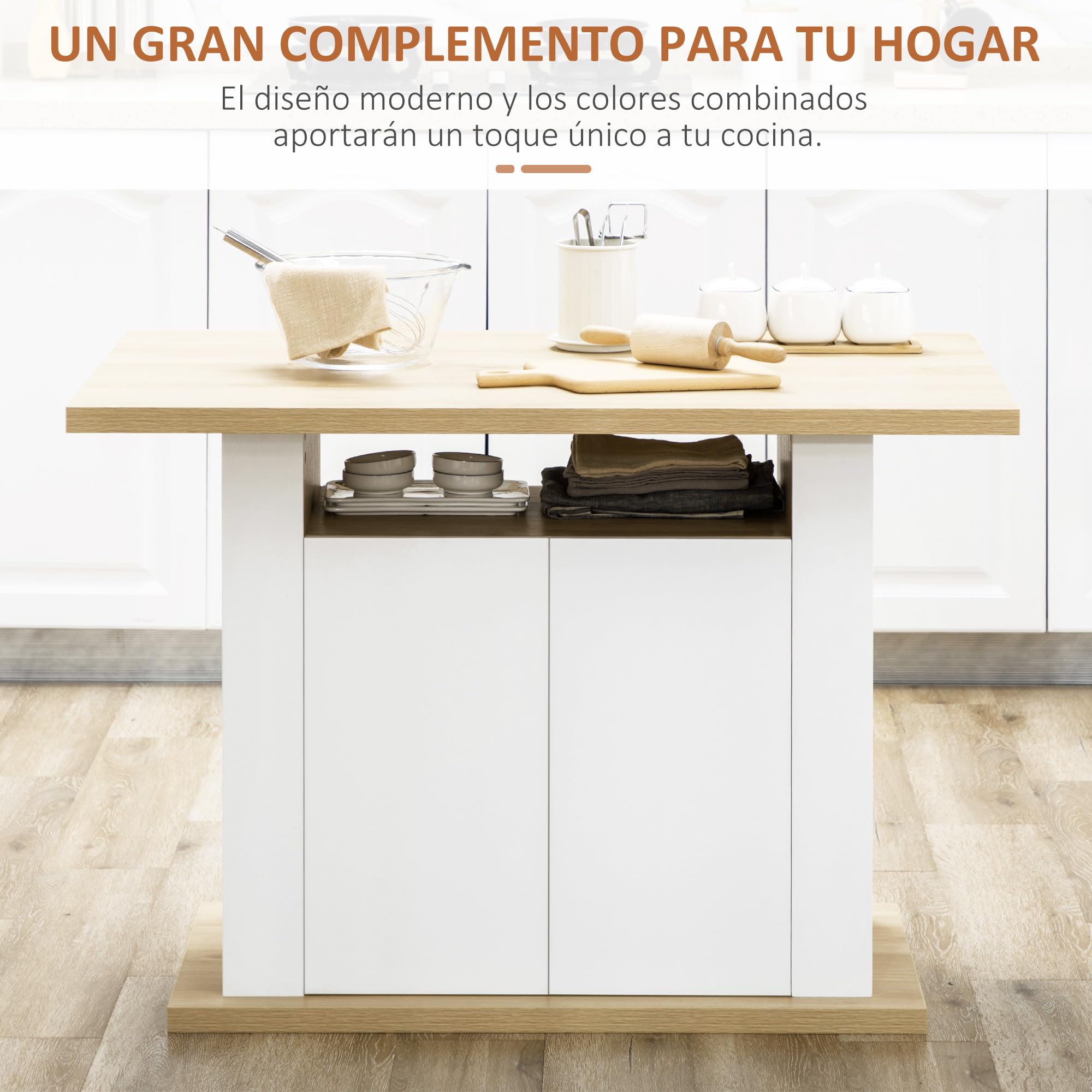 HOMCOM Isla de Cocina, para 4 Personas, Mueble de Cocina Multifuncional, Mesa de Comedor con 4 Puertas, Compartimentos Abiertos, Estante Ajustable, 110x70x75,5 cm, Roble y Blanco