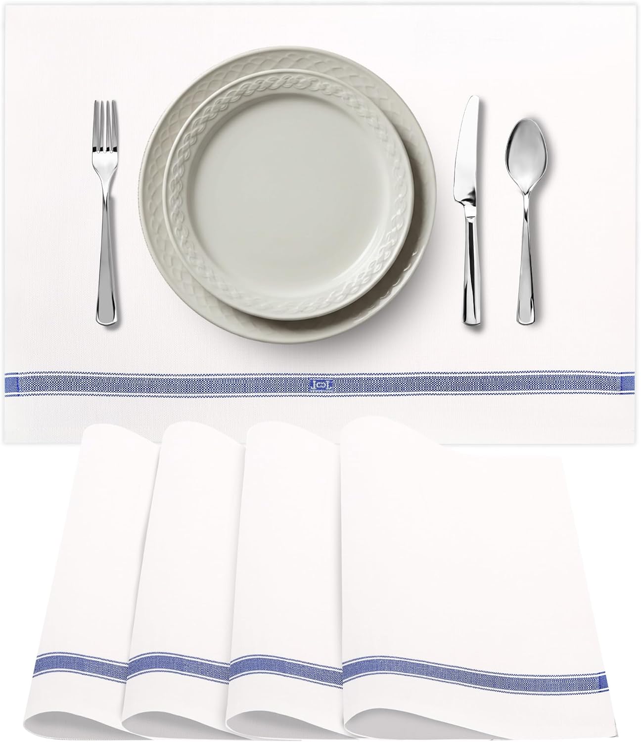Premium Cloth Striped Placemats Set of 4 – 100% Soft Durable Jacquard Woven Cotton Table Placemats with Stain-Release Fabric – Machine Washable for Dining Table – Gentian Blue, 20"x14"