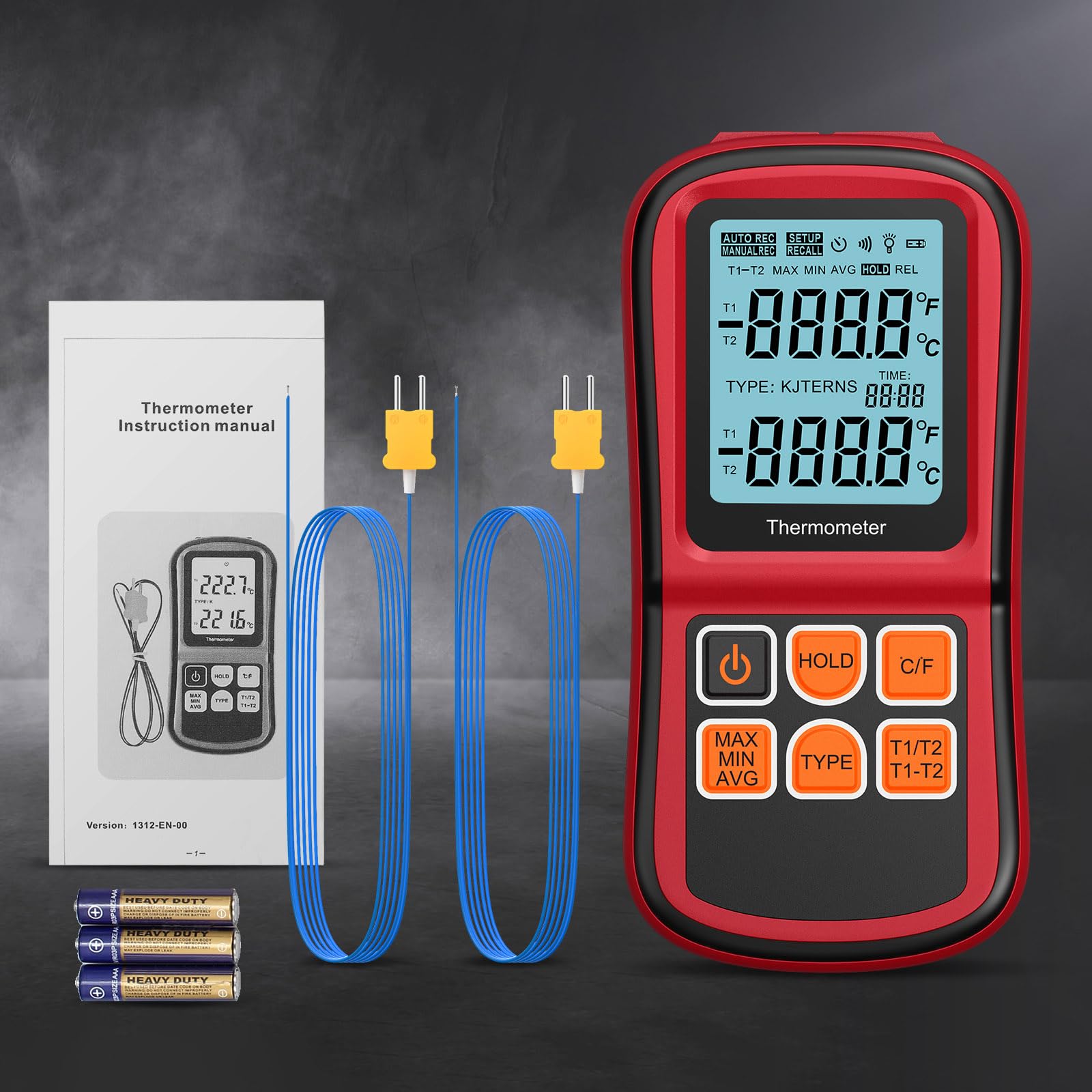 Dual Digitales Thermometer, CAMWAY Temperaturmesser mit 2 Channels K-Type & LCD Anzeige Hintergrundbeleuchtung, Thermoelementen Sensor Sonde Temperaturmessgerät für Thermoelement Typen K/J/T/E/R/S/N