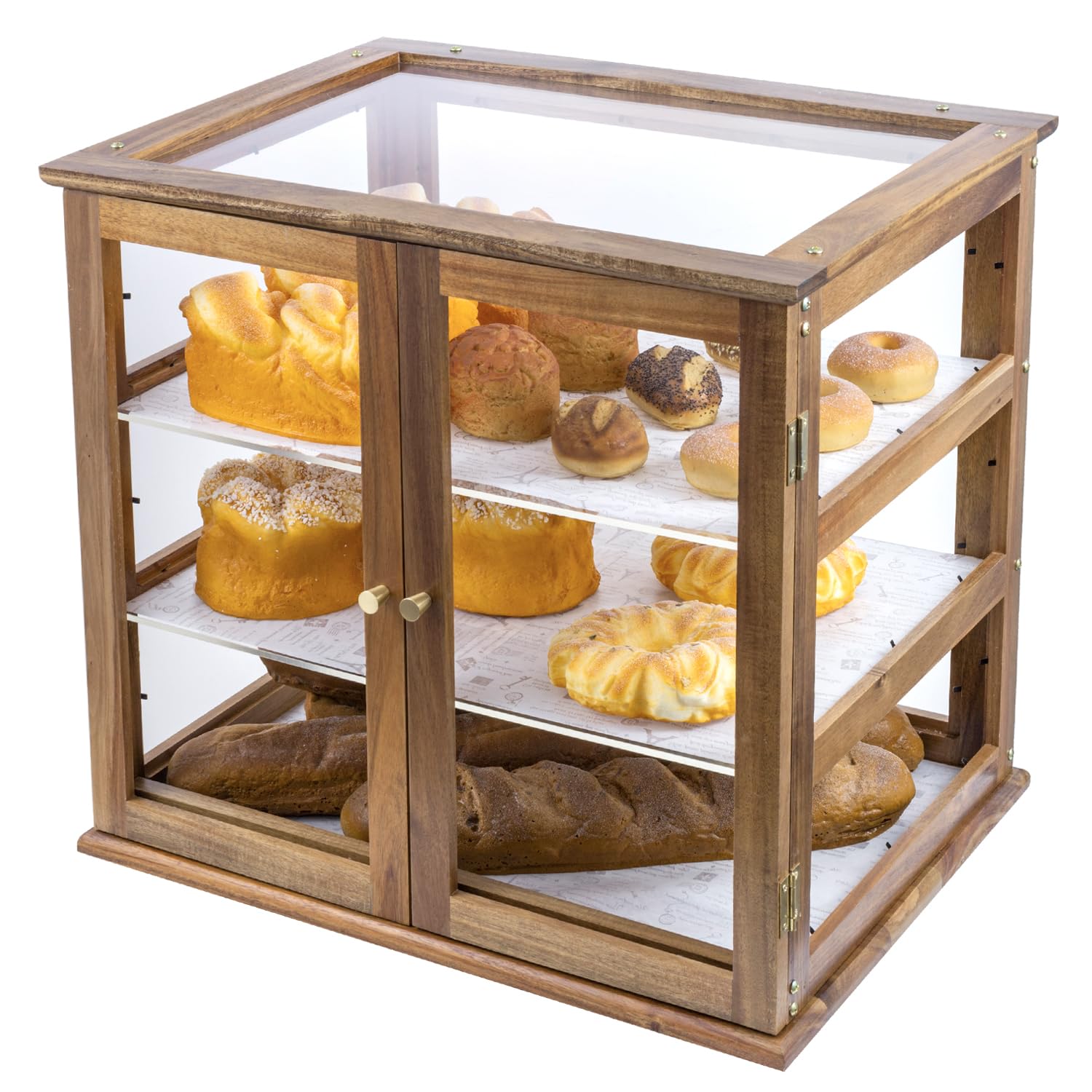 MyGift 3 Tier Premium Acacia Wood and Clear Acrylic Bread Box, Professional Grade Retail Bakery Pastry Display Case with Removable Trays and Rear Doors for Home or Commercial Use