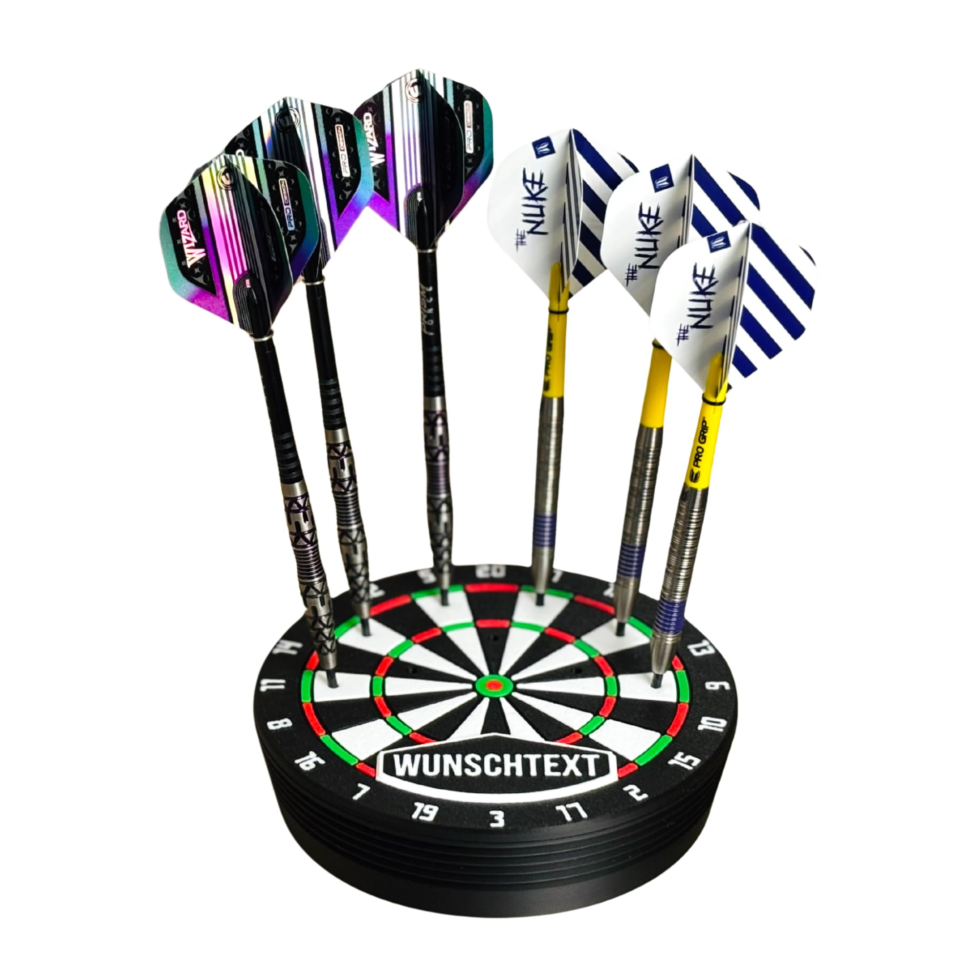Dartpfeilhalter Perfect Nine – personalisierter Dartständer für 9 Dartpfeile, Steel- & Softdart Halter im Dartscheiben-Look, Dart Zubehör Geschenk für Dartfans
