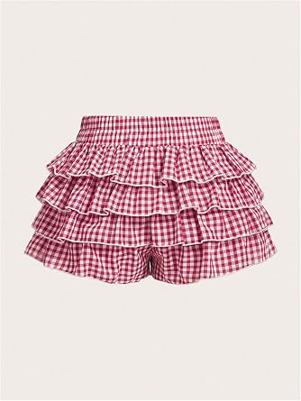 BEAUDRM Women's Gingham Ruffle Shorts Polka Dots Bloomers Mini Micro Shorts