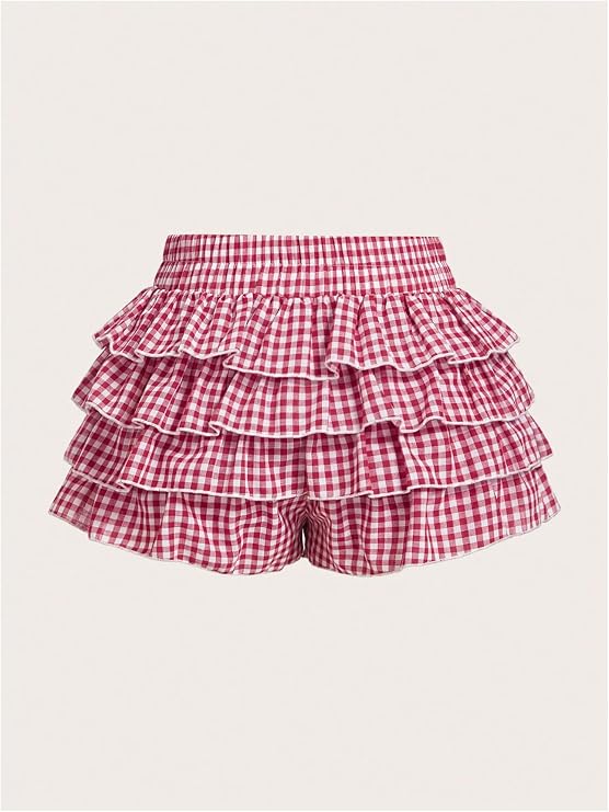 BEAUDRM Women's Gingham Ruffle Shorts Polka Dots Bloomers Mini Micro Shorts