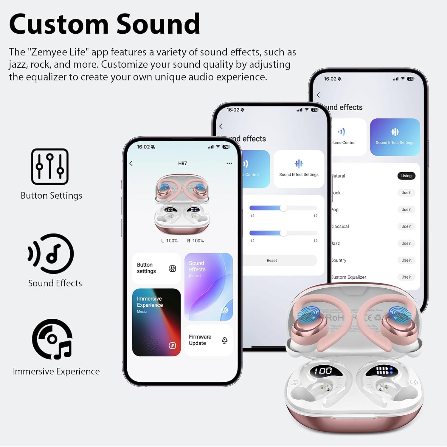 Auriculares Inalámbricos Bluetooth Deportivos, 60H Auriculares Bluetooth 5.4 con HiFi Estéreo, 4 ENC Mics, 2026 Cascos Inalambricos con Cancelación RuidoI/IP7/USB-C Auriculares para Correr Oro Rosa