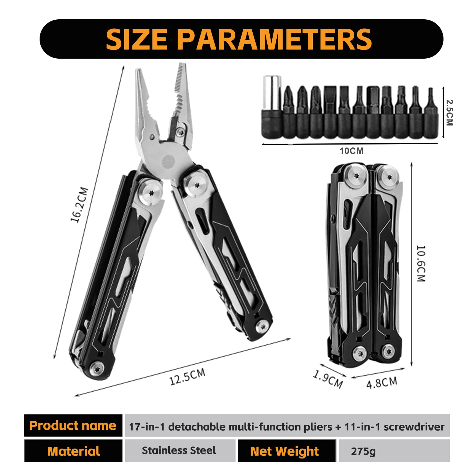 Multitool 28 w 1: kombinerki i 11 końcówek Materiał ze stali nierdzewnej