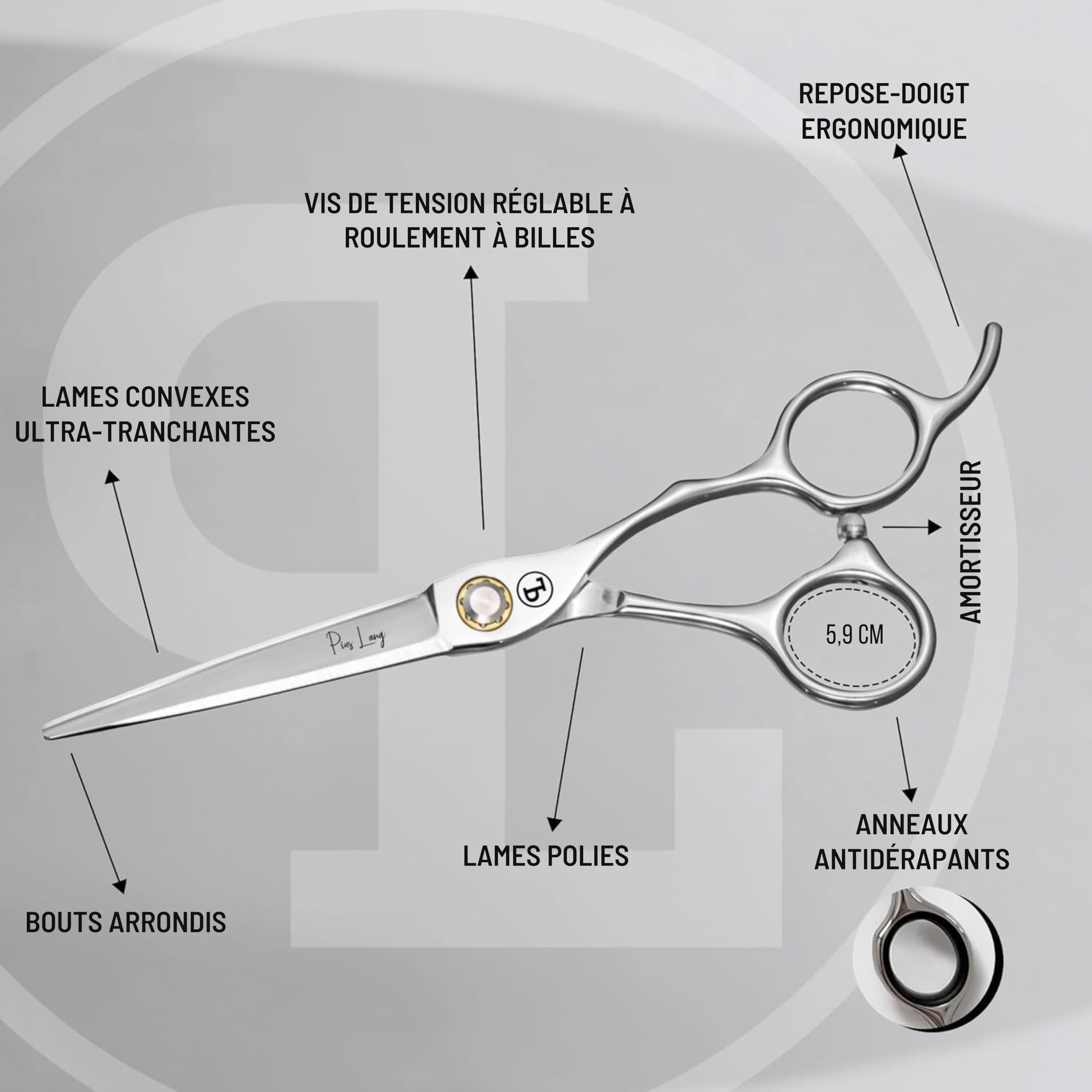 Ciseaux de Coiffure Professionnels 6,5" Lames Convexes Système de Tension à Roulement à Billes Étui