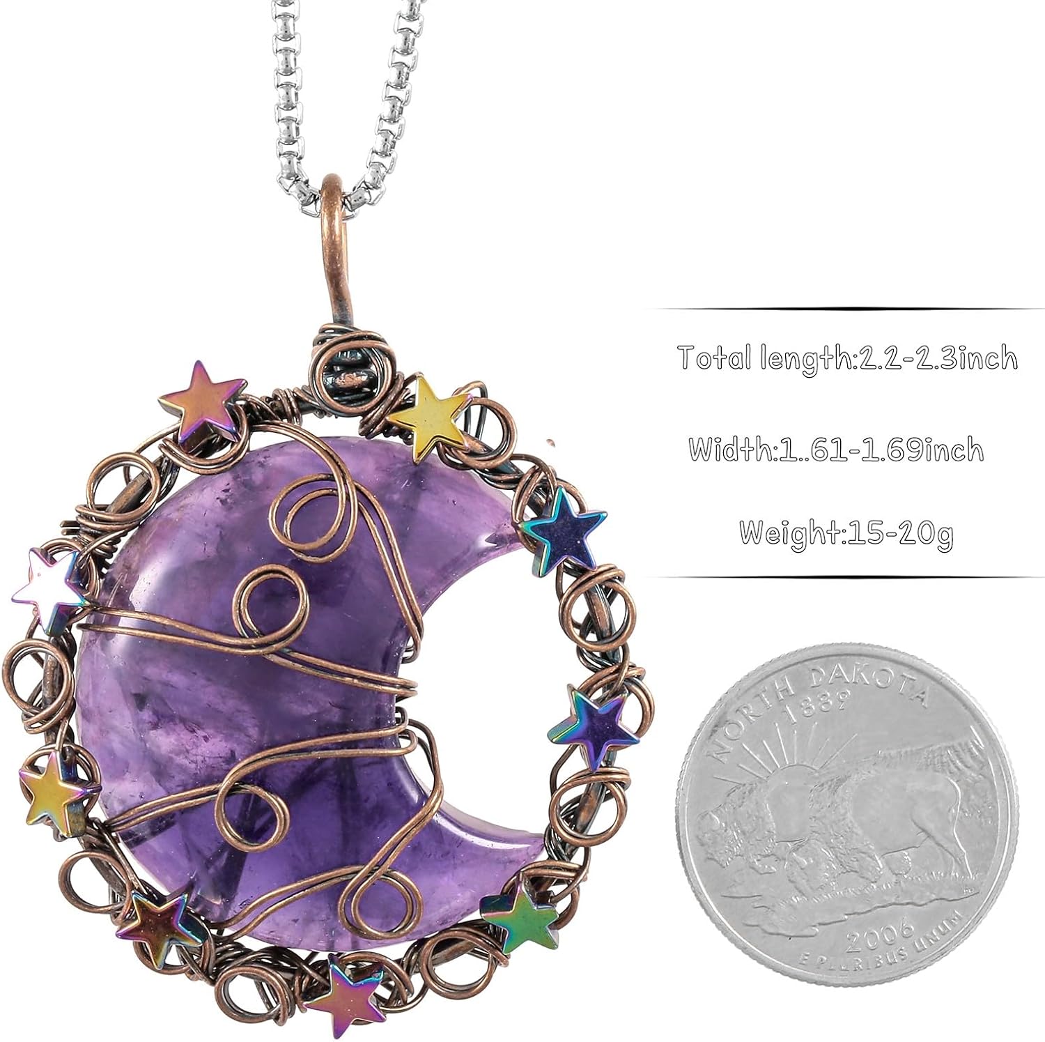 TUMBEELLUWA Crescent Moon Star Crystal Necklace for Women Men Reiki Healing Stone Copper Wire Wrapped Pendant with Adjustable Cord - Image 2