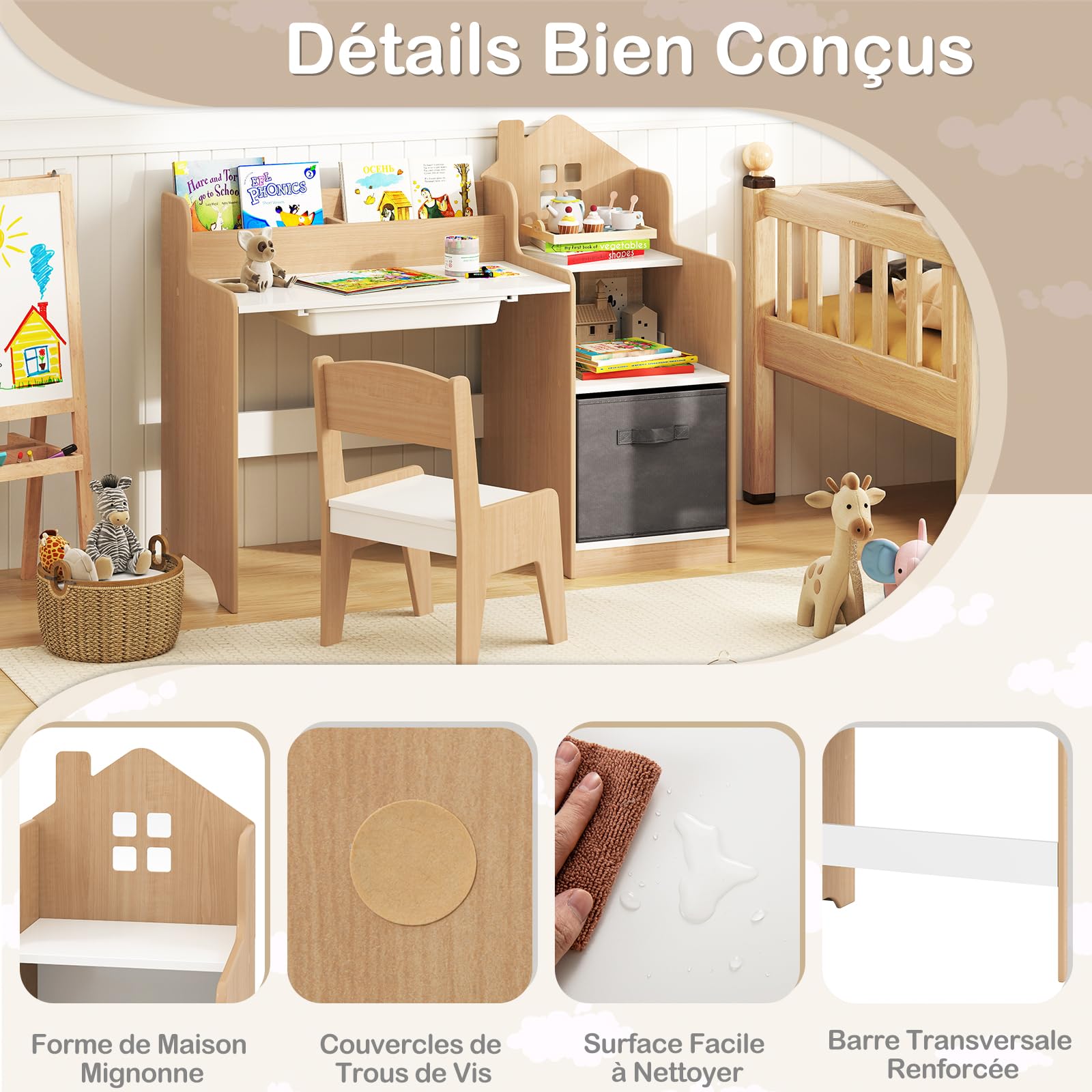 GOPLUS Bureau Enfant Fille Garçon en Forme de Maison, Table Enfant avec Chaise Ergonomique, Bureau d'Étude avec Rangement, Étagère et Tiroirs, pour Chambre et Maternelle (Naturel)