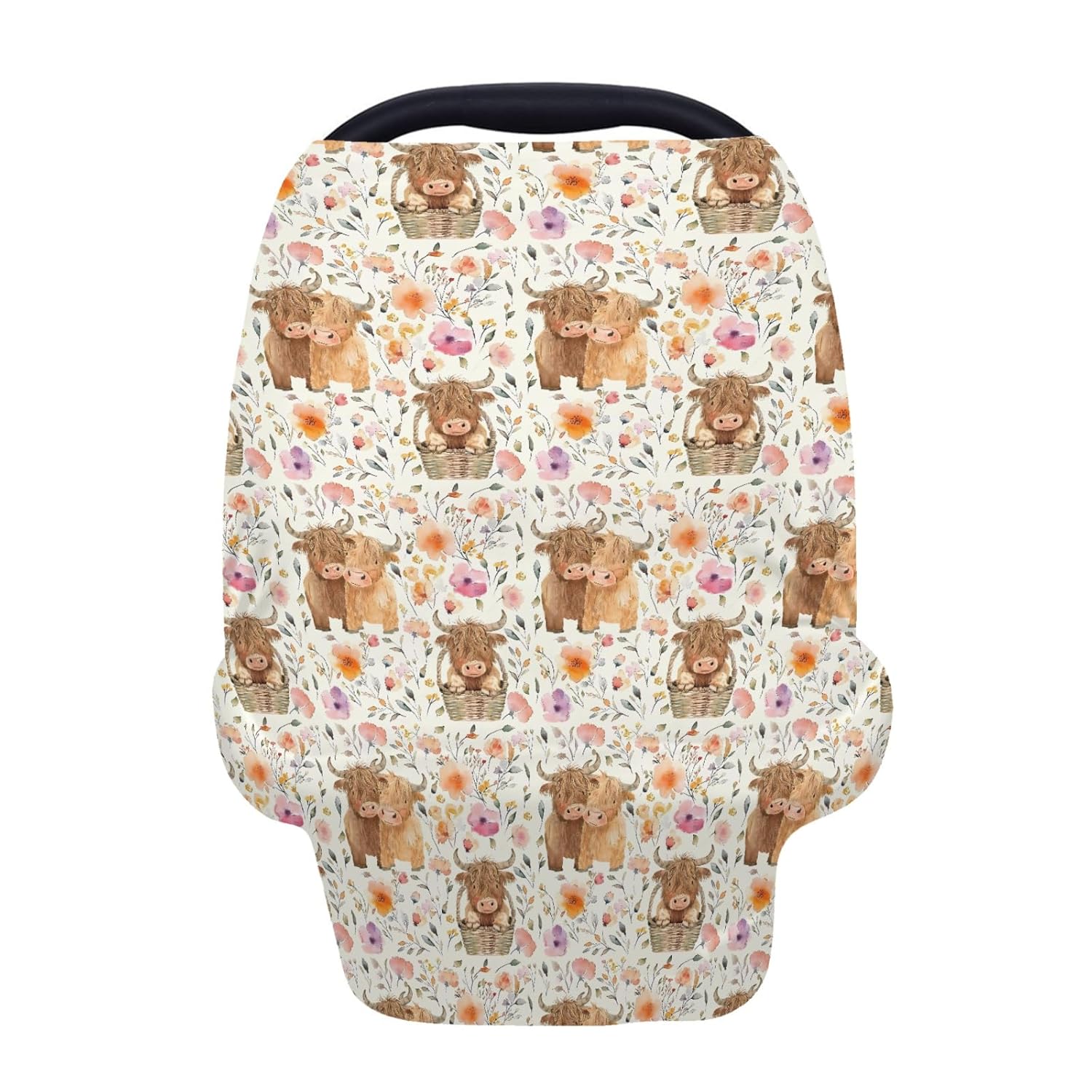 5-in-1 Unisex Highland Cow Pattern Baby Carseat Stroller Cover for Boys Girls, Western Farm Cow Flowers Floral Infant Toddler Privacy Nursing Breastfeeding Canopy, Grocery Shopping Cart Cover-24×28