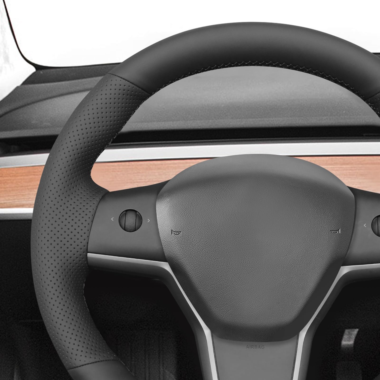 MEWANT Passgenauer Lenkradbezug zum Nähen für Tesla Model 3 Tesla Model Y | Model 3 2019-2023 / Model Y 2021-2023 Schwarz Echtleder Atmungsaktiv Für Beheizte Lenkräder Langlebig