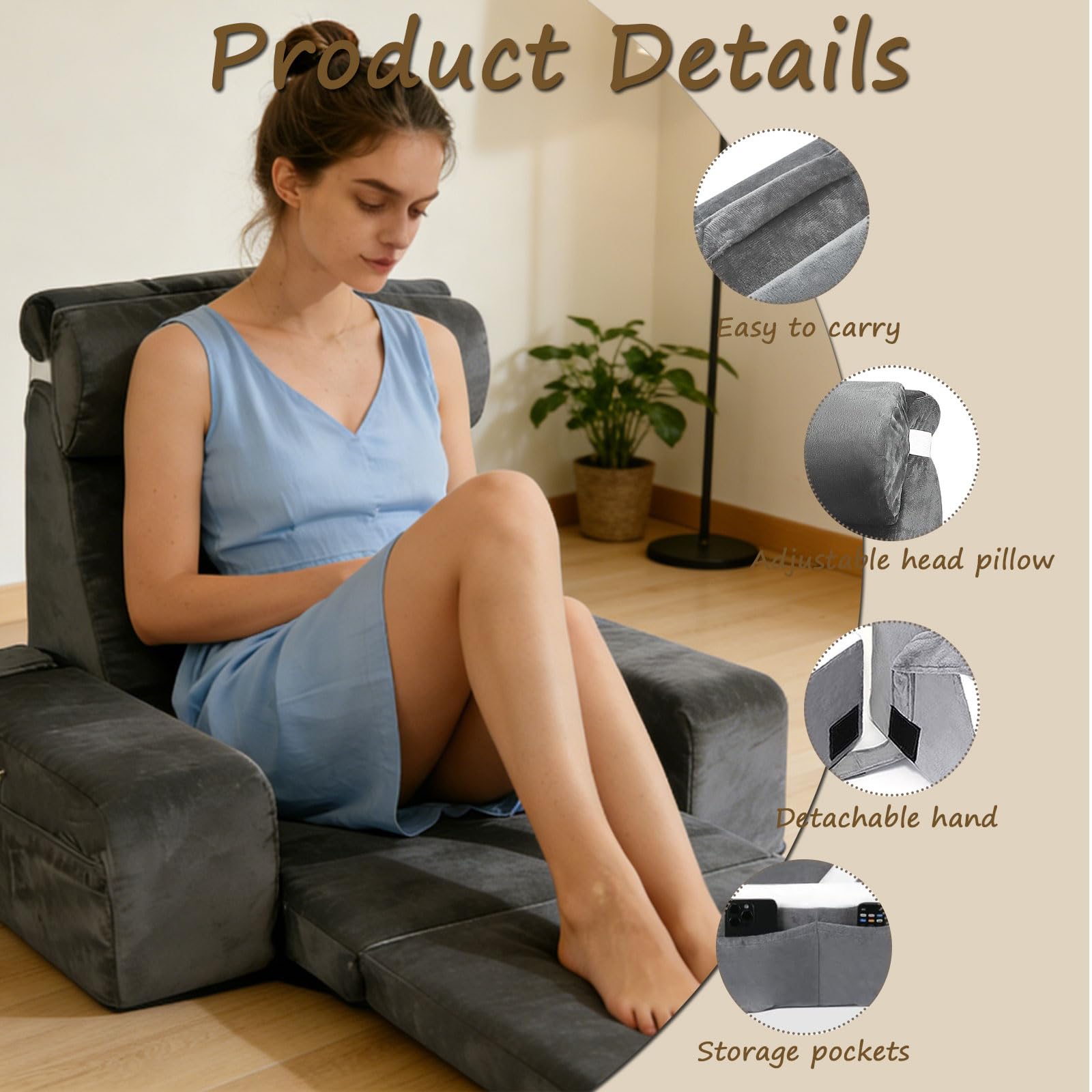 Lesekissen für Bett und Sofa,Rückenkissen Bett mit Abnehmbarer Nackenrolle,Armlehnen und Taschen,Groß Erwachsenen Rückenkissen für Lesesitzkissen zum Lesen,Entspannen,Fernsehen,Maschinenwaschbar