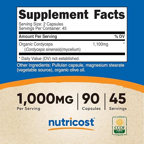 Miniatura 2 de Nutricost Cordyceps - Cápsulas de hongos de 1100 mg, 45 porciones  Certificado CCOF fabricado con orgánico, vegetariano, sin gluten, 550 mg por