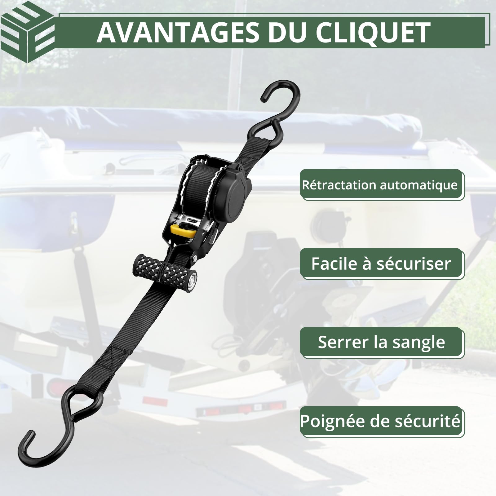 EYPINS 4 Pièces Sangle à Cliquet Auto-Rétractable avec Poignée 25mm x 3.3m,Capacité de Charge Directe 340kg,en U 680kg-Pour Remorque,Moto,Voiture Résistance aux UV et Usure Conforme en 12195-2