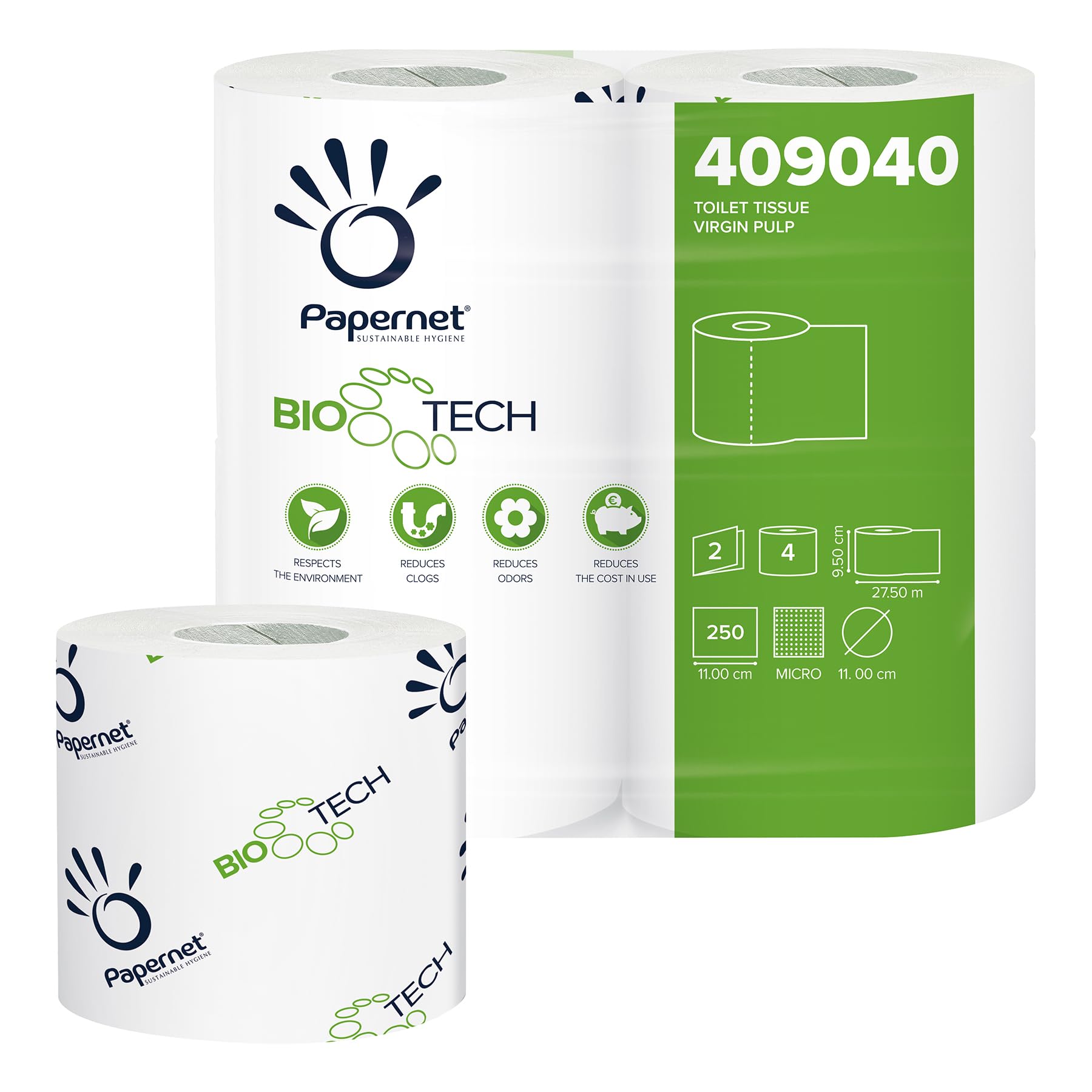 Bio Tech 24 rotoli di carta igienica in doppio strato di cellulosa. Biodegradabile, si scioglie rapidamente non appena entra in contatto con l'acqua