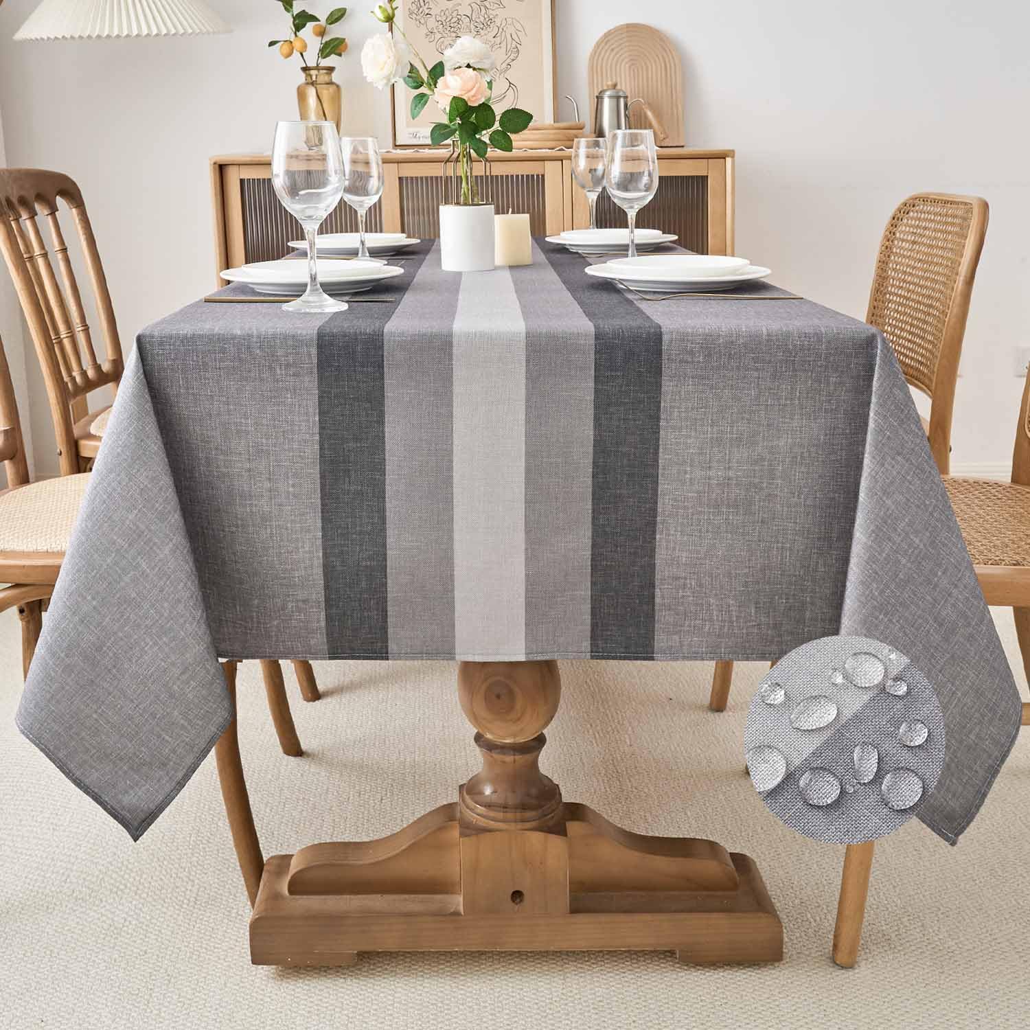 Tovaglia Antimacchia 240 x 140 cm Grigio Blu Strisce Autunnale Moderna Rettangolare Lavabile Impermeabile Effetto Lino Tovaglie per Cucina Ristorante Giardino Esterno Feste
