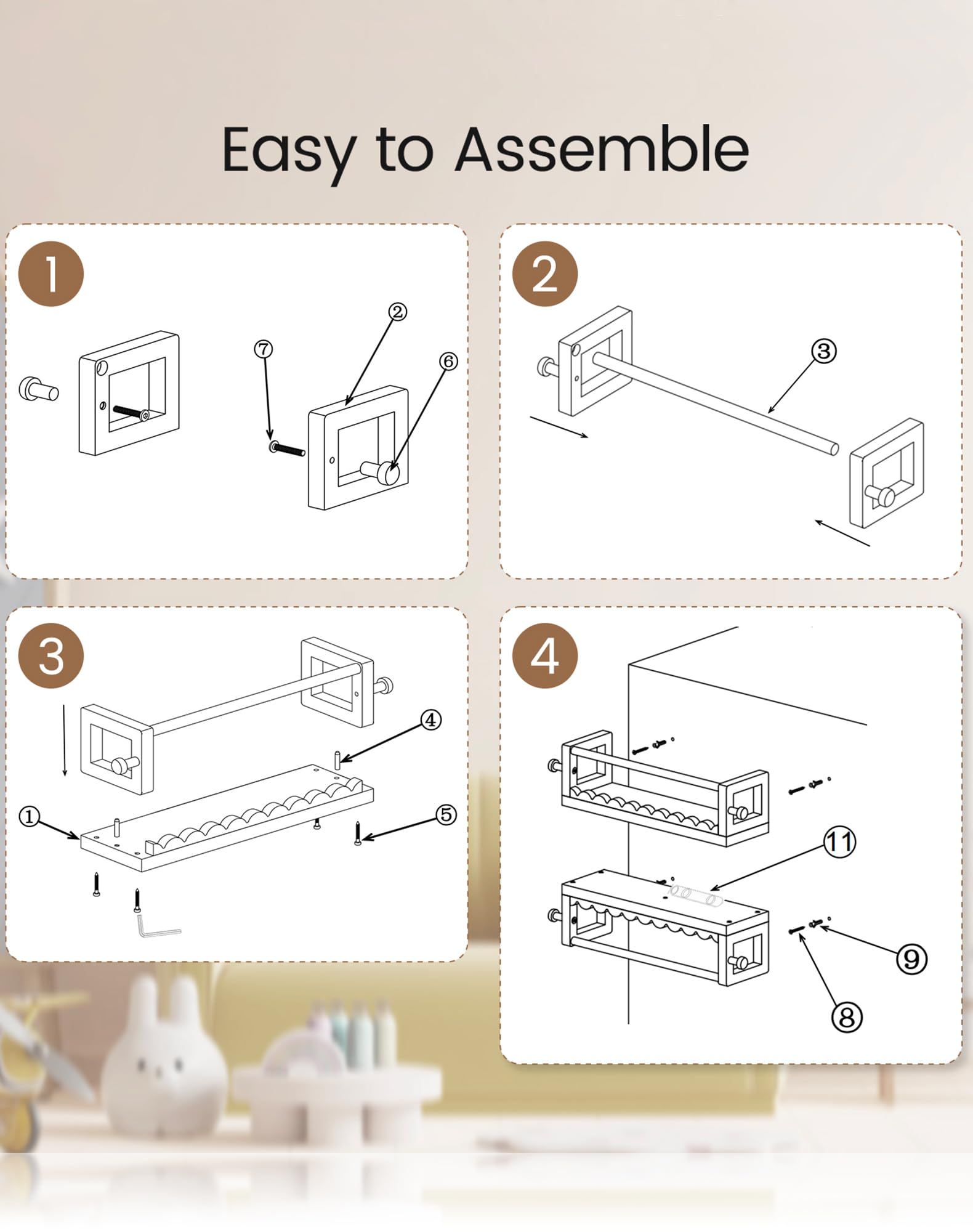 Estantes de pared para cuarto de bebé, estantes flotantes para habitación de niños, juego de 3 estantes con ganchos de madera, perfectos para lectores pequeños, niños y niñas, juguetes decorativos de 7