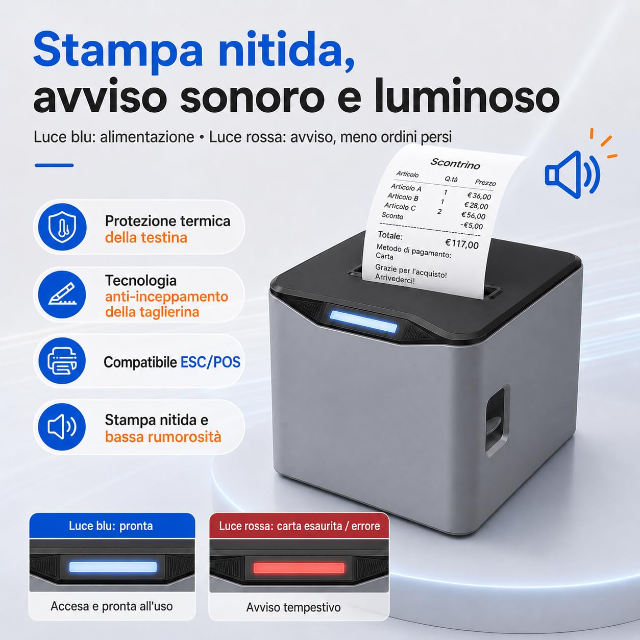 Stampante termica POS 80 mm per ricevute, 220 mm/s，Bianco：USB | Caricamento rapido, semi-taglio automatico e avvisi acustici/luminosi per un lavoro fluido in negozi, bar e ristoranti.