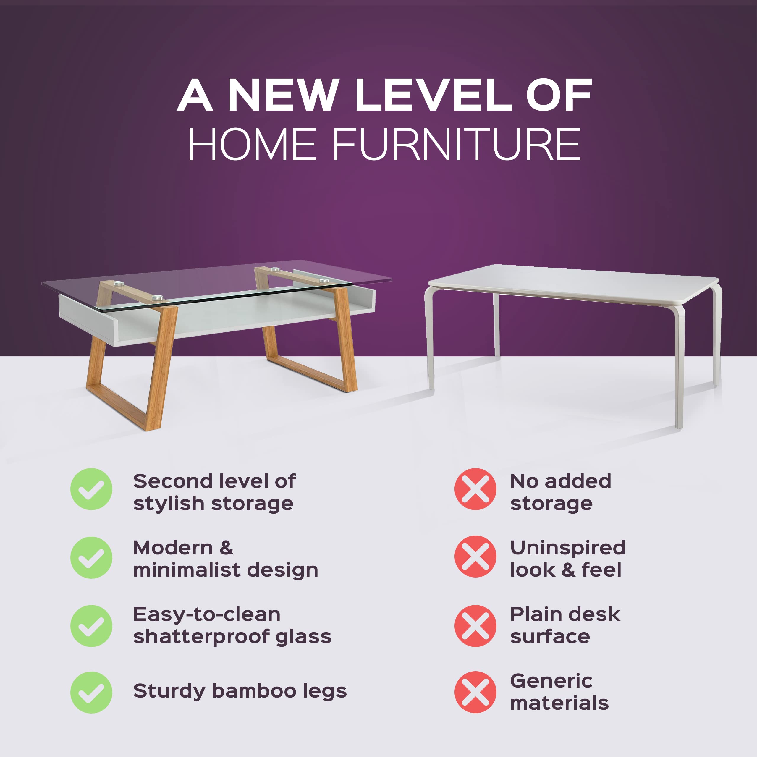 Bonstato Mesa Auxiliar Cristal Madera con Bandeja | Mesa de centro moderna con bandeja integrada. Ideal para salón, oficina y espacios pequeños.