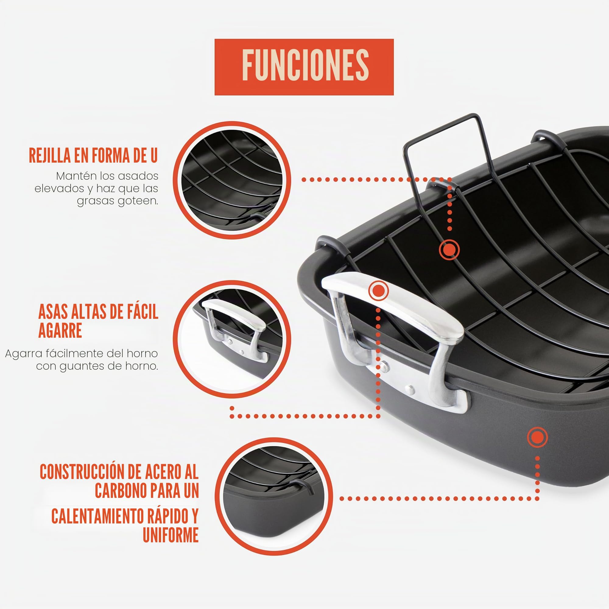 Chef Pomodoro Bandeja Deluxe para Asar, 47x37 cm, Extra Grande | Acero al Carbono con Rejilla en U, Ideal para BBQ